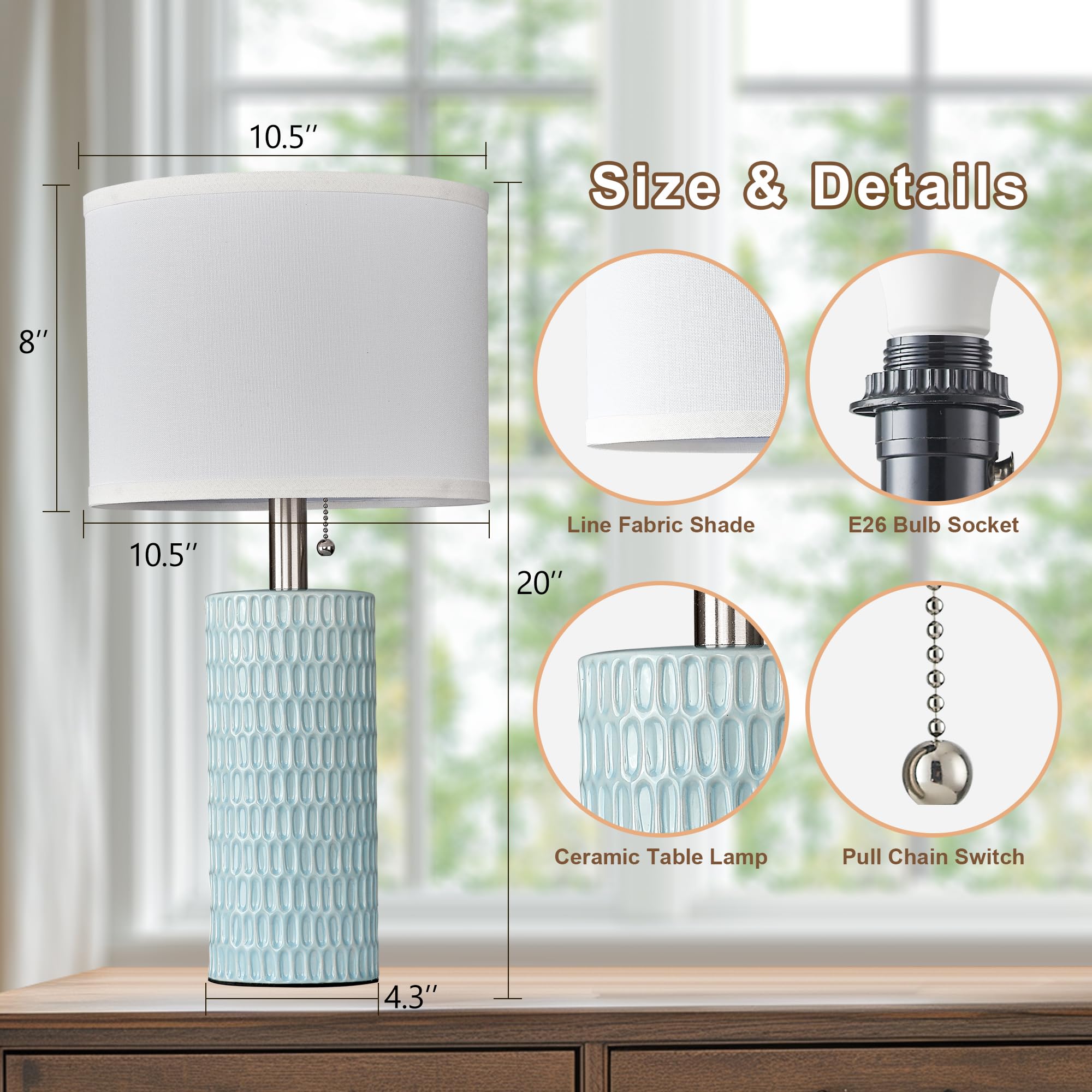 Reaketon Table Lamp Set of 2, Ceramic, 20in Sky Blue, Modern Design for Living Room, Bedroom & Home Office, Model 102-1TMBL