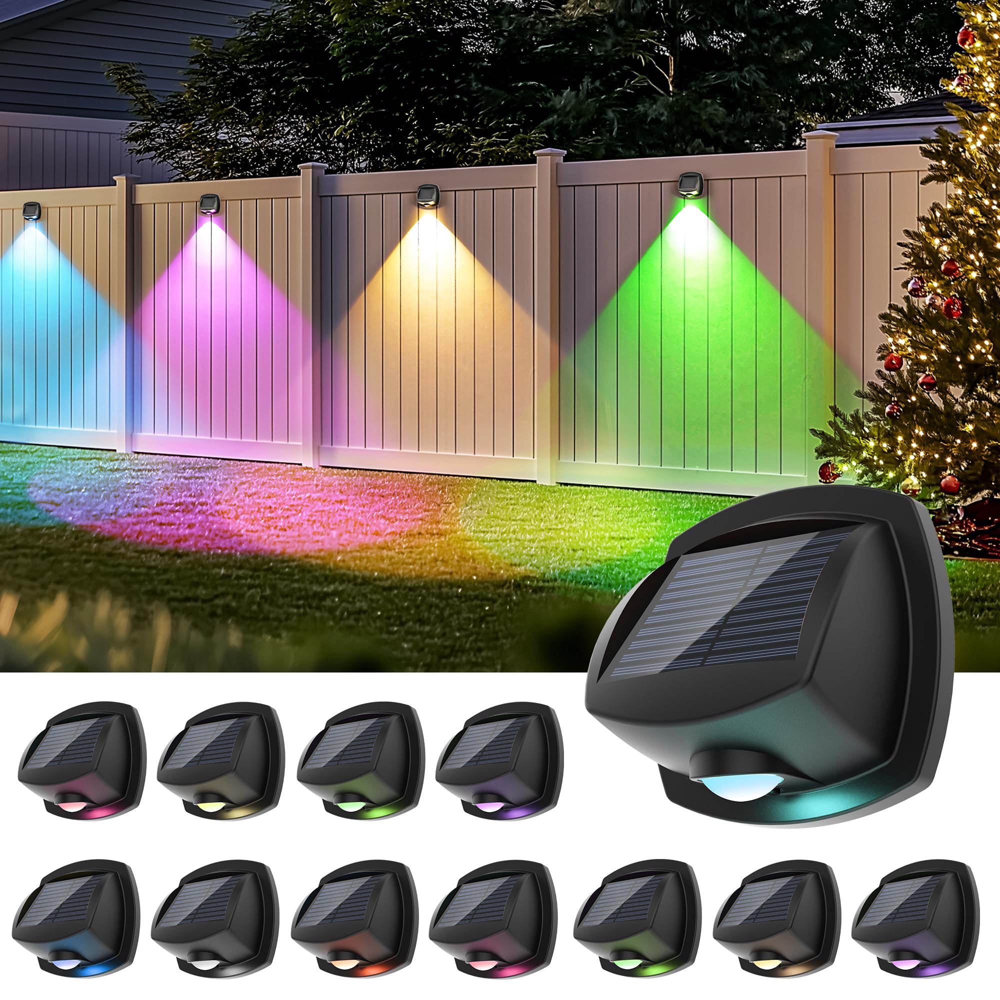 AUDERWIN Solar Fence Lights Outdoor IP65 Waterproof Multicolor LED 12 Pack, Model 9503, for Pool, Yard, Deck, Patio, Stairs
