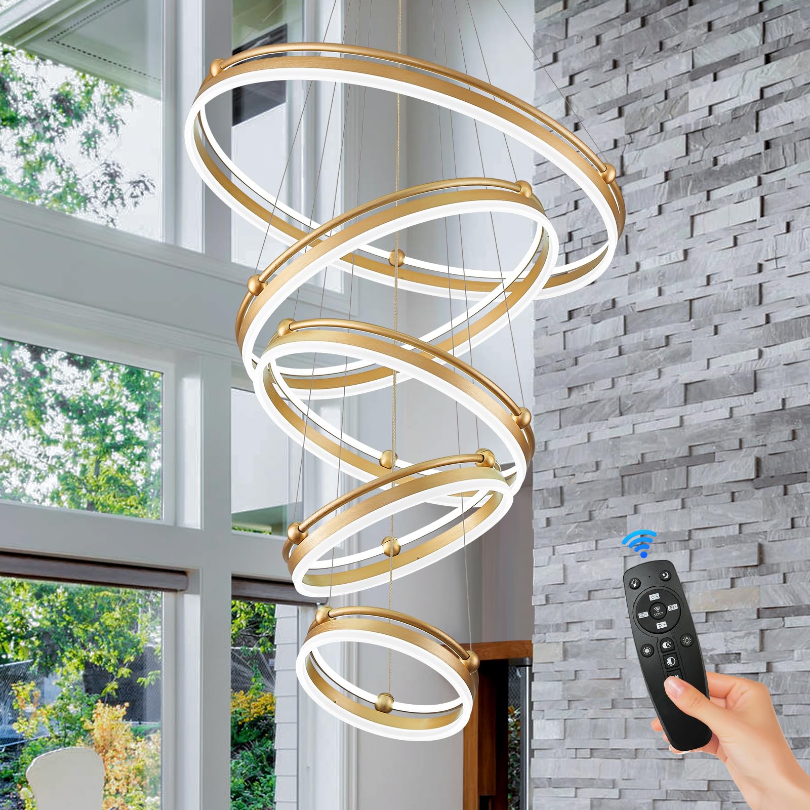 Benkut 10-Rings Modern Led Chandelier Gold Large Dimmable Remote Chandeliers Lighting For Foyer, High Ceiling Chandeliers For Dining Room Living Room Staircase Entryway(10-Ring Lighting, D31.5)