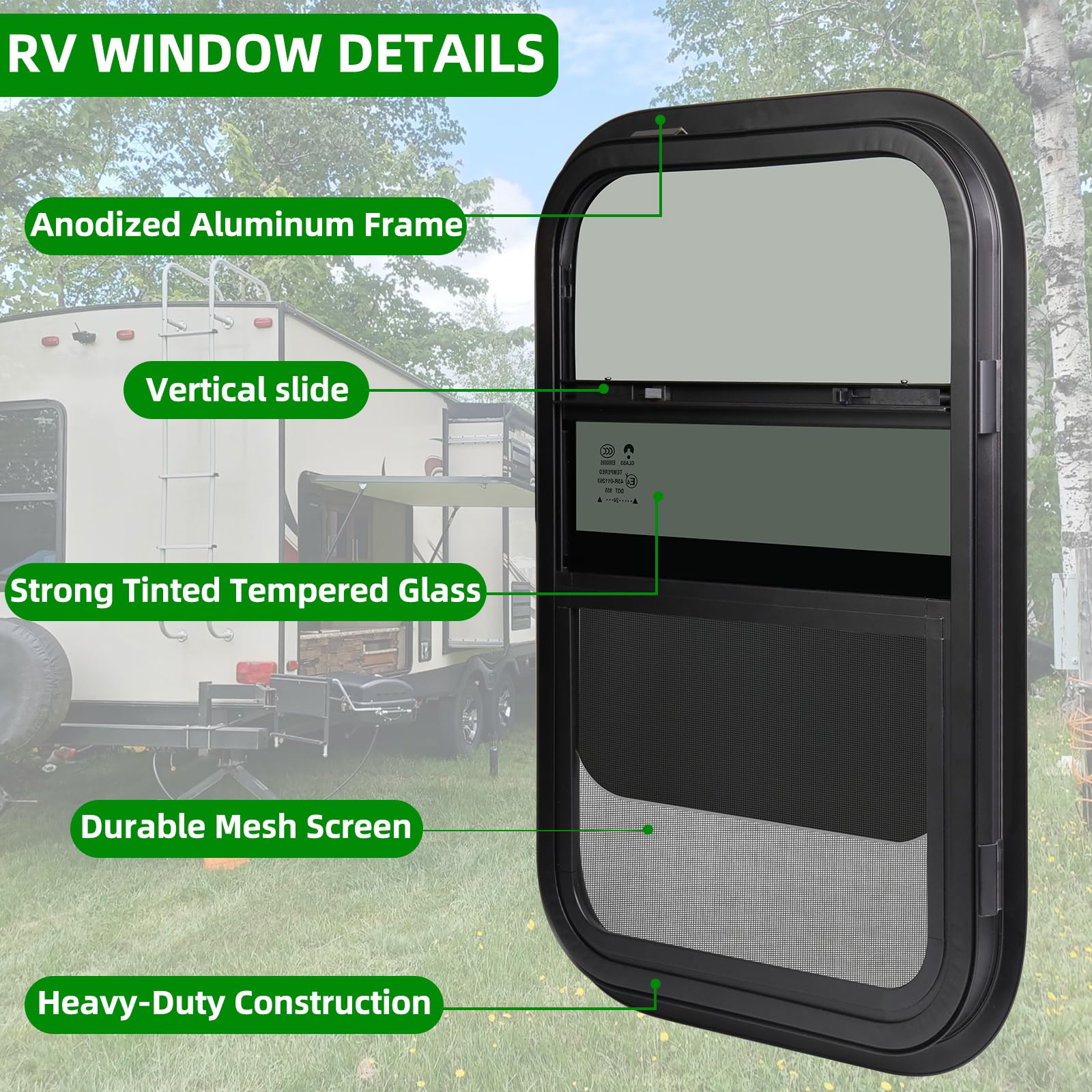 NOVINO RV Camper Windows, Vertical Sliding Replacement, 12inW x 24inH, Tempered Glass, Black, Model NRW-003