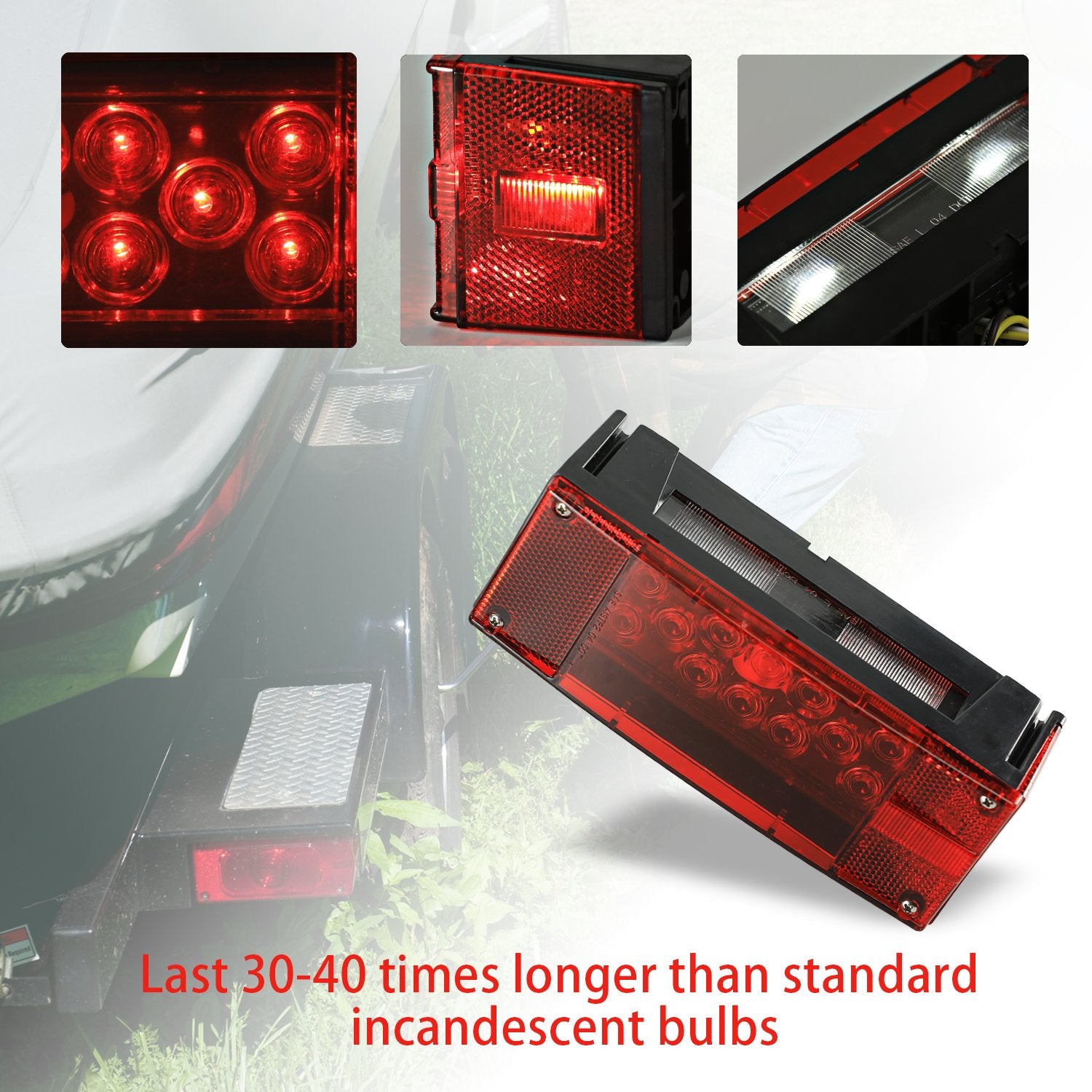 Wellmax 12V LED Trailer Lights, Waterproof Low Profile Rectangular, Red, Model WM51053