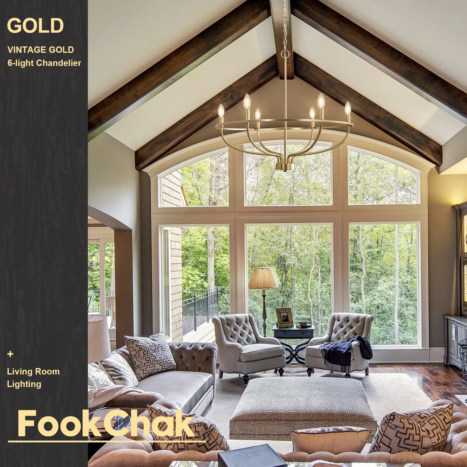FookChak 6-Light Gold Chandelier, 29in Brushed Brass Light Fixture for Dining Room, Hallway, and Living Room