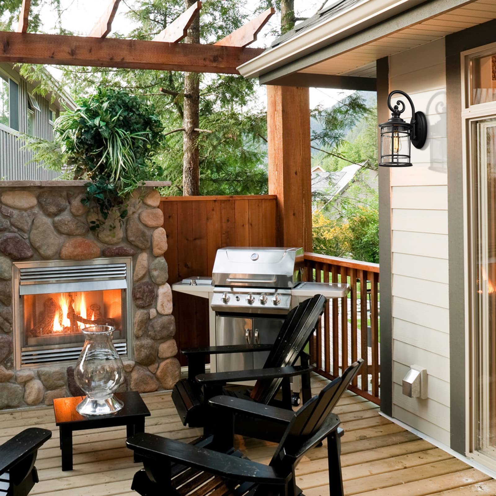 Emliviar Modern Outdoor Wall Lantern, Black Seeded Glass, 15.5&quot; Height, Garage/Porch Light