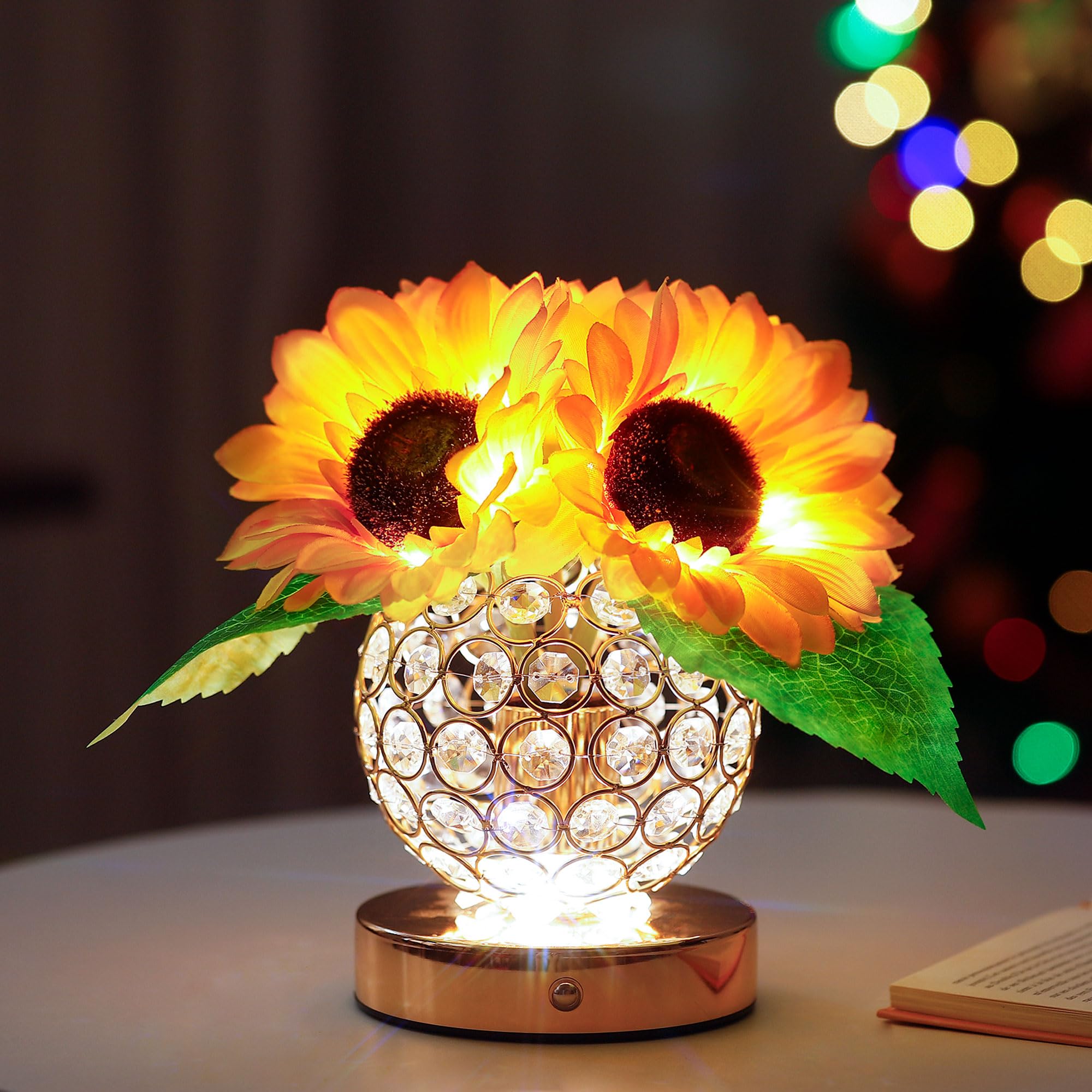 Silk Sunflower Crystal Vase LED Lamp for Womens Gifts, for Womens Mom Dughter Wife Friends Girlfriend Her Valentines Anniversary