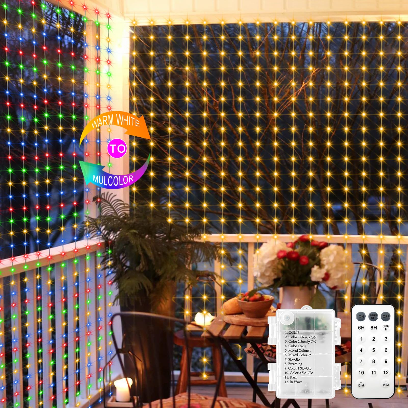 Curtain Lights Battery Operated, 200 LED 6.6Ft x 6.6Ft Dual Color Changing with Remote Timer, Outdoor Curtain Lights Waterproof 