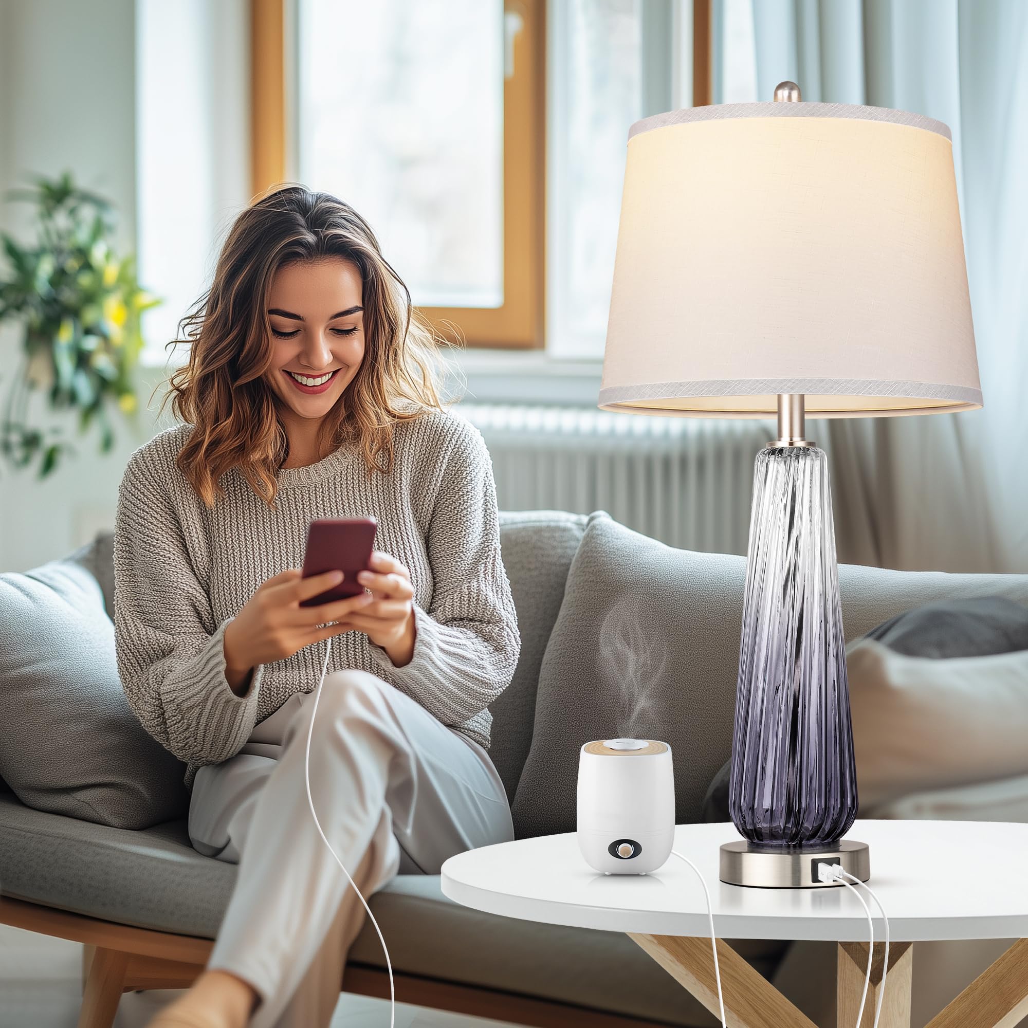 QiMH Glass Table Lamp with USB Ports, 3-Way Dimmable Touch Control, 27.5in Grey, Modern Nightstand Lighting, 1 Pack