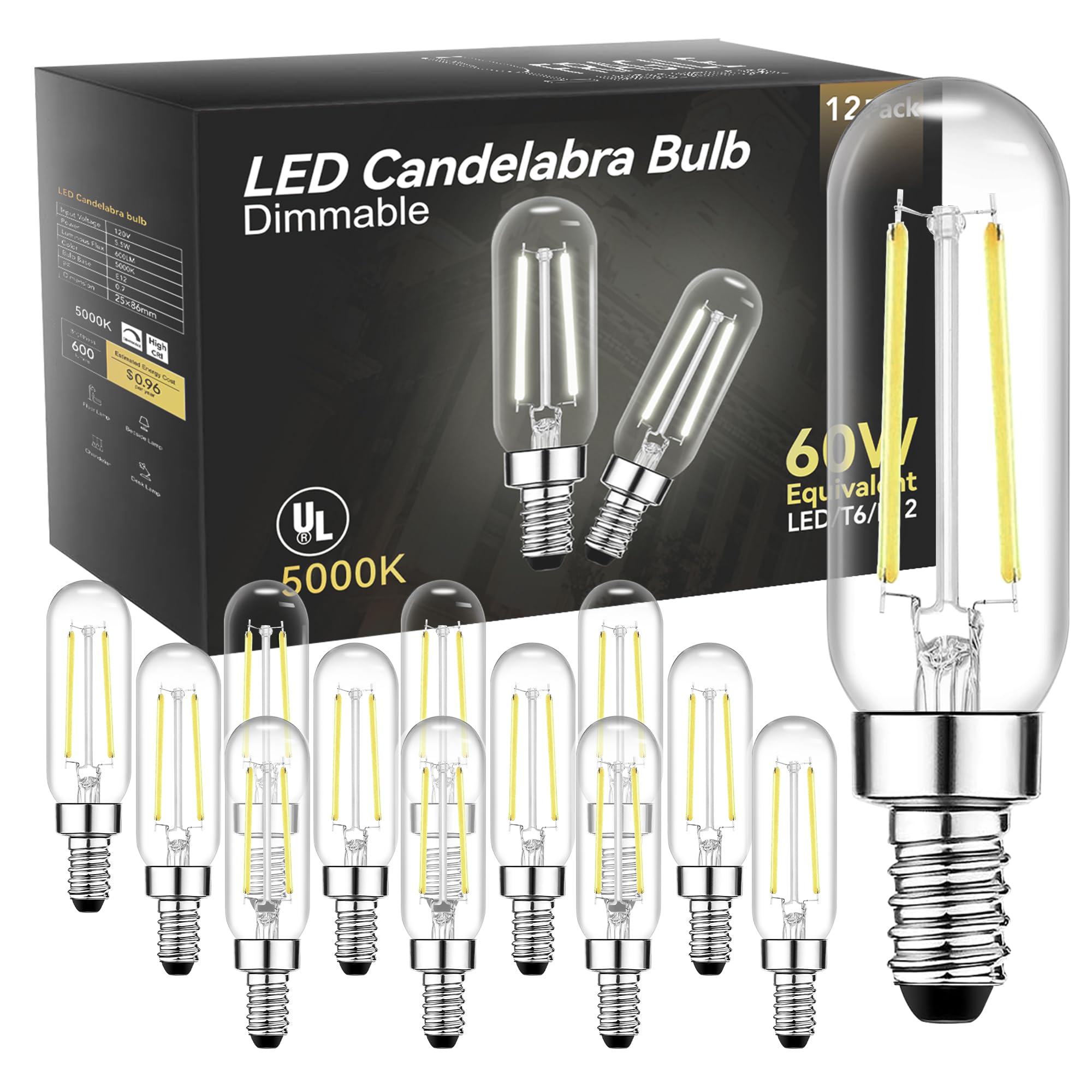 Tjoy E12 T6 Candelabra Led Bulbs, Dimmable 5.5W Equivalent 60W 5000K Daylight, Small Base Led Clear Light Bulb, Vintage Edison B