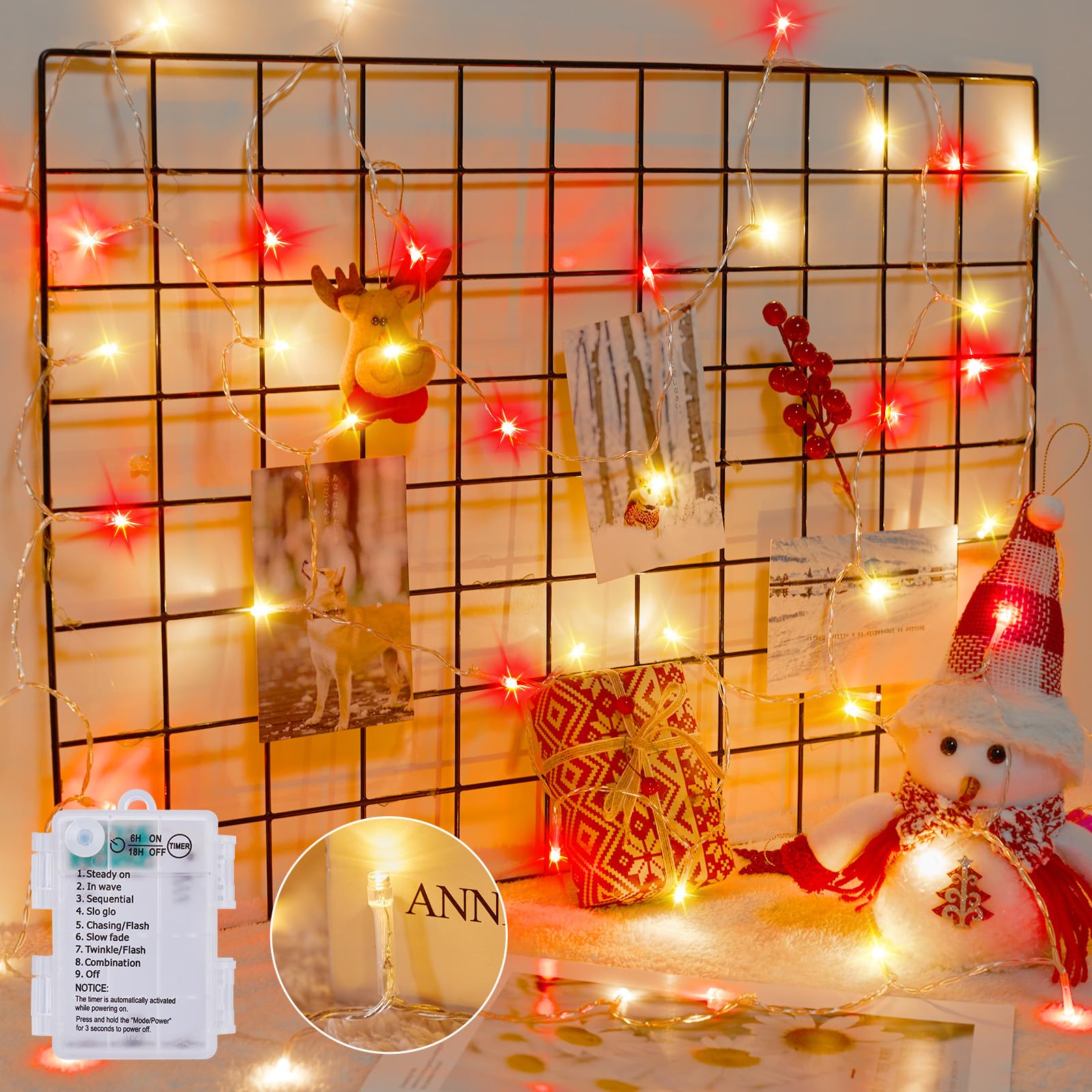 Minetom Christmas String Lights, 50 LED Battery Powered Fairy Lights, 17FT, Waterproof, Red & Warm White, 8 Modes, Timer