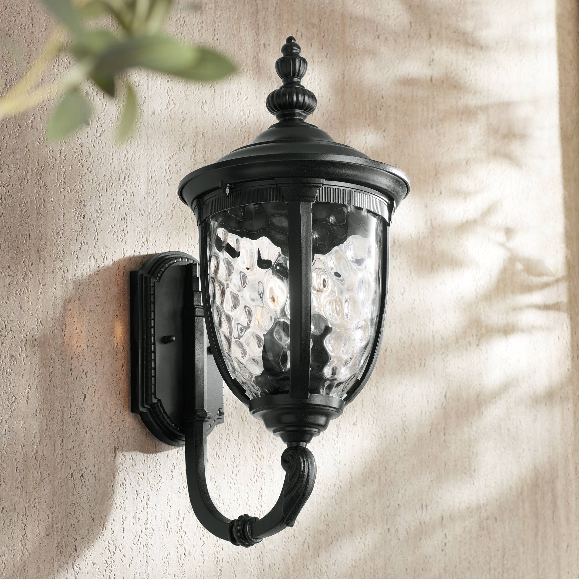 John Timberland Bellagio Outdoor Wall Light Fixture 21in High Textured Black Metal with Clear Hammered Glass