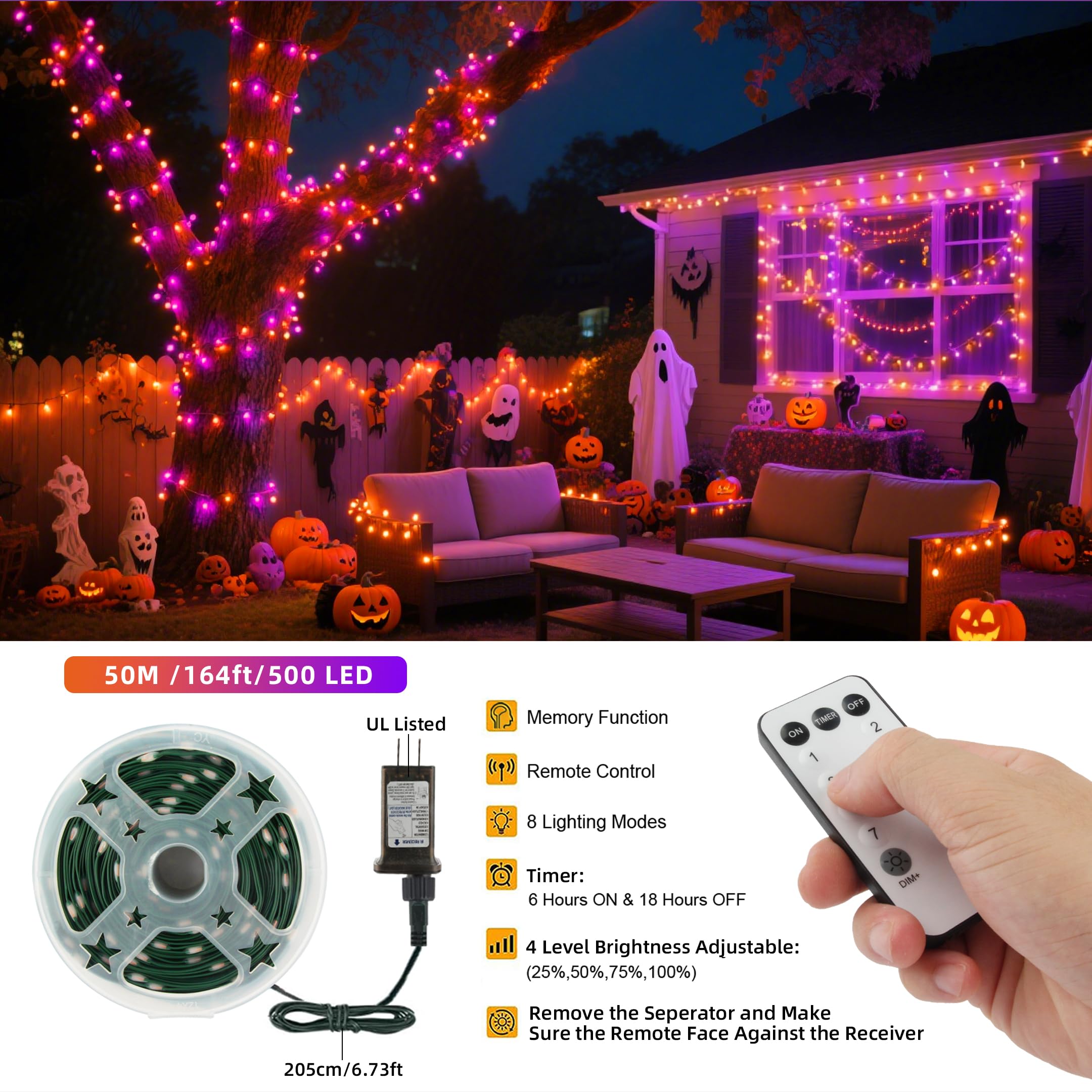 Tcamp 164FT 500 LED Orange Purple Halloween Lights, 8 Modes, Remote Timer, Green Wire, Model QL300AE