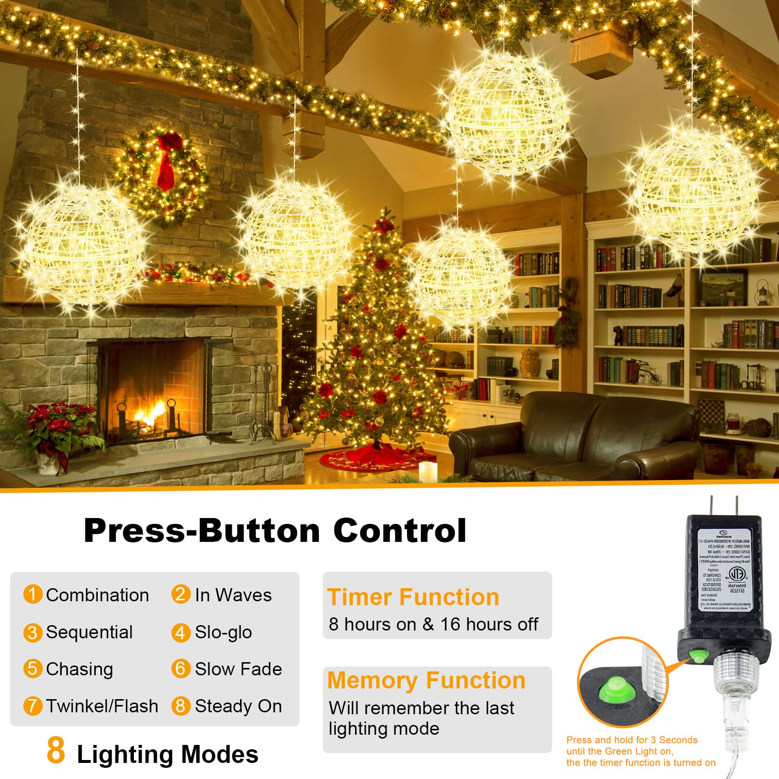 Baung Christmas String Lights, 4 Pack 11.81in Sphere Lights, Warm White, Model BG-CL02M138L, for Home, Garden, Party, Wedding Decor