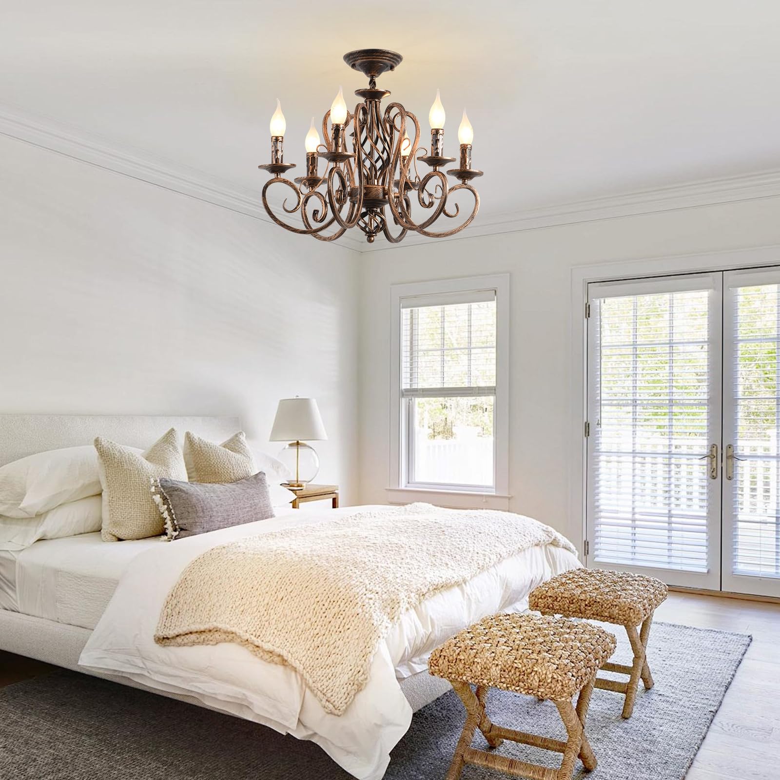 Ganeed French Country Chandeliers,6 Lights Candle Wrought Iron Chandelier,Rustic Farmhouse Pendant Light Fixture Hanging Lightin