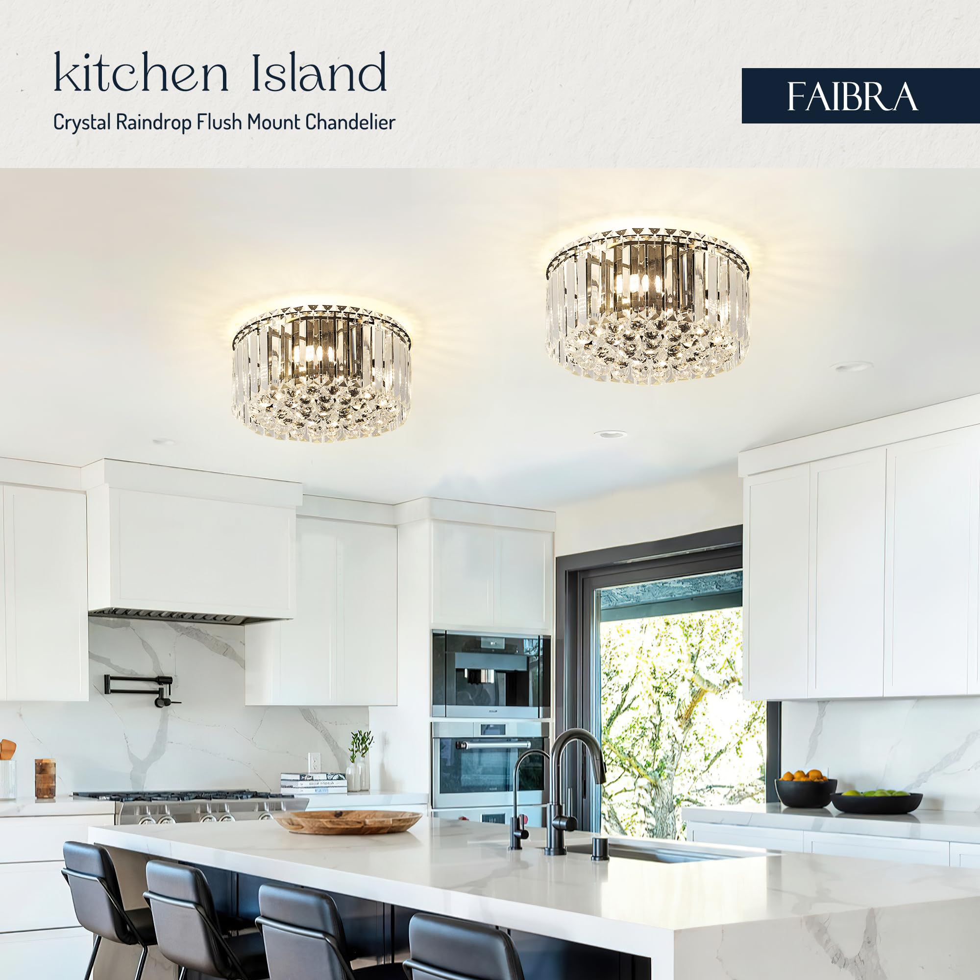 Faibra 12.6" Black K9 Crystal Raindrop Flush Mount Ceiling Light - Modern Chandelier for Dining Room, Bedroom, Kitchen & Living Room