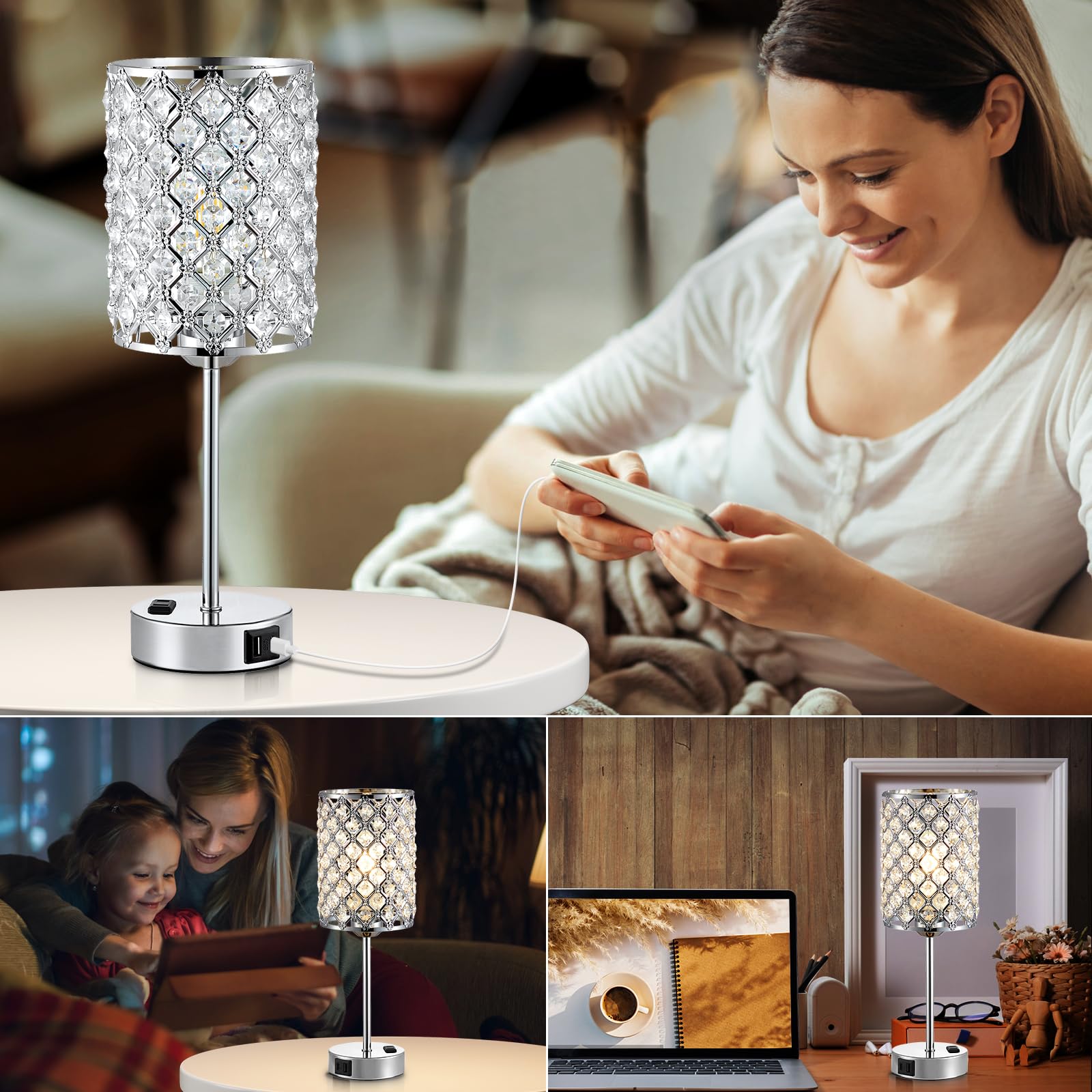 Hong-in Table Lamps Set of 2, Crystal Touch Lamps with USB Ports, 5.1IN, A-Sliver, Model 58b8b5de-8dbe-4