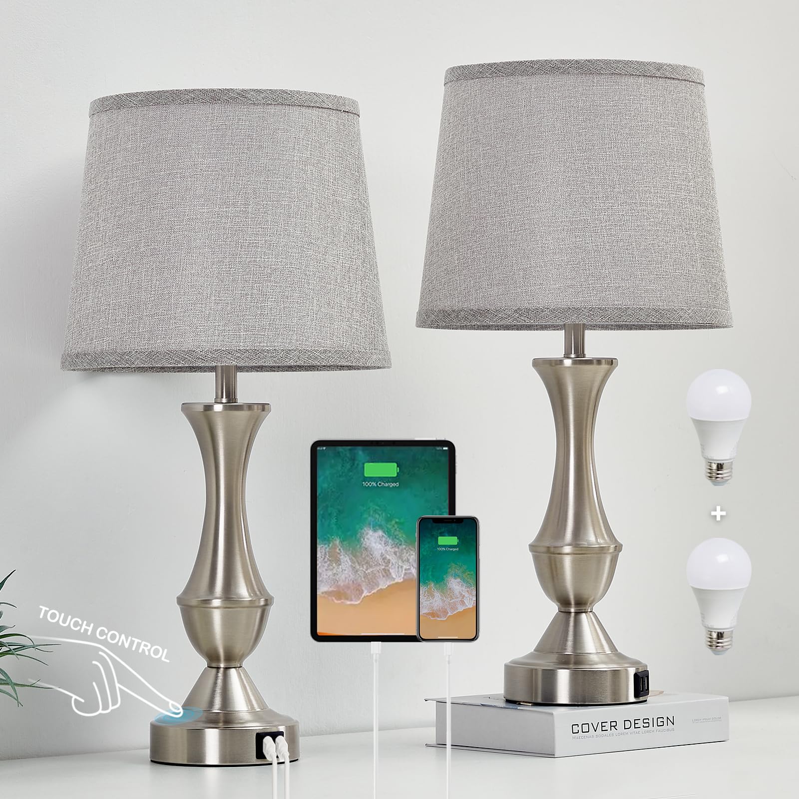Touch Table Lamps Set of 2  22 Tall Bedside Lamps  Nightstand Lamps with USB C+A Charging Ports  Dimmable Lamp for Bedrooms  Living Room  Office  Silver Lamp with Grey Lampshade  Bulbs Included