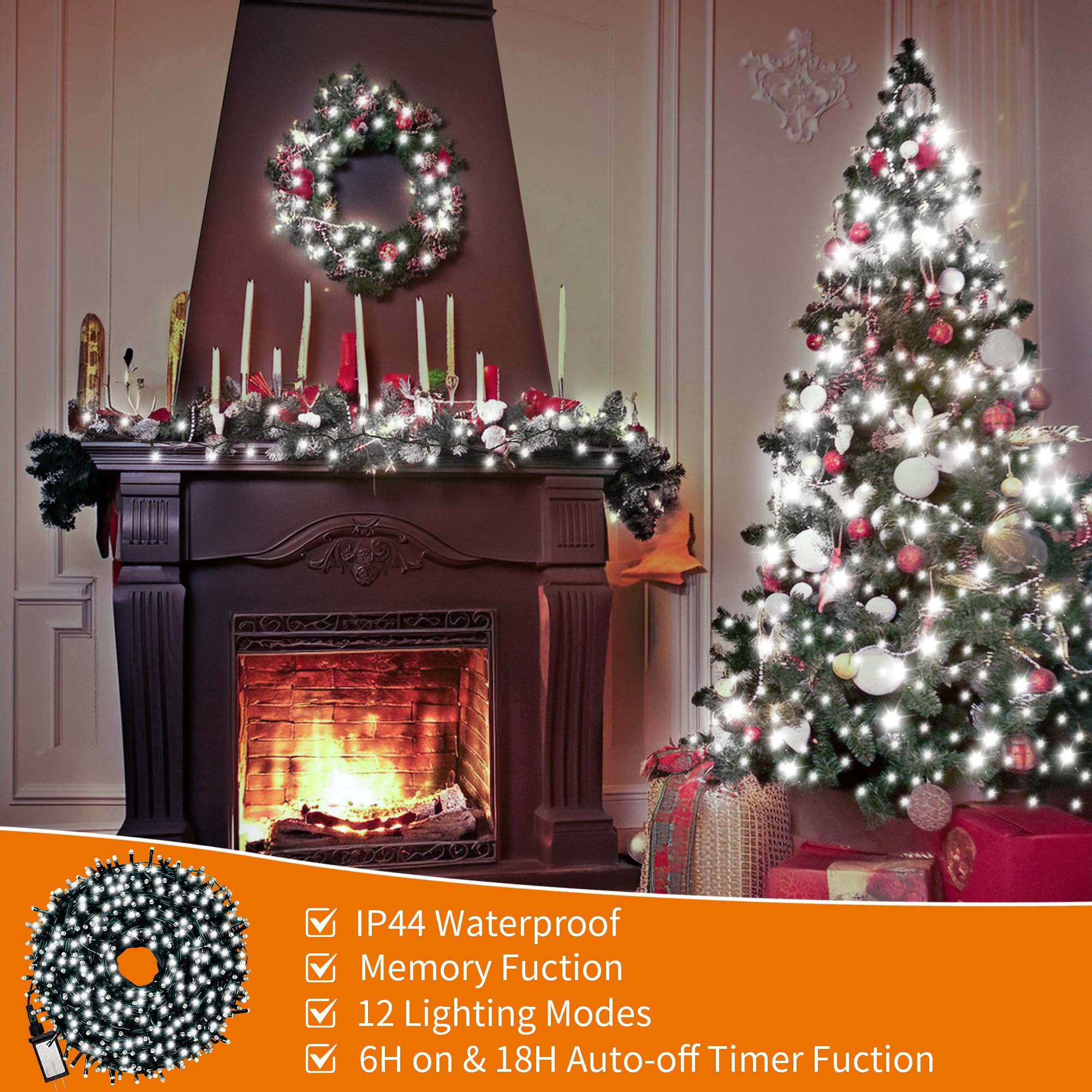 500 Leds 172Ft Green Cable Wire Christmas Light Fairy String Tree Twinkle Lights Plug In 12 Modes For Christmas Party, Outdoor, Garden, Wedding, Home Decoration (White)