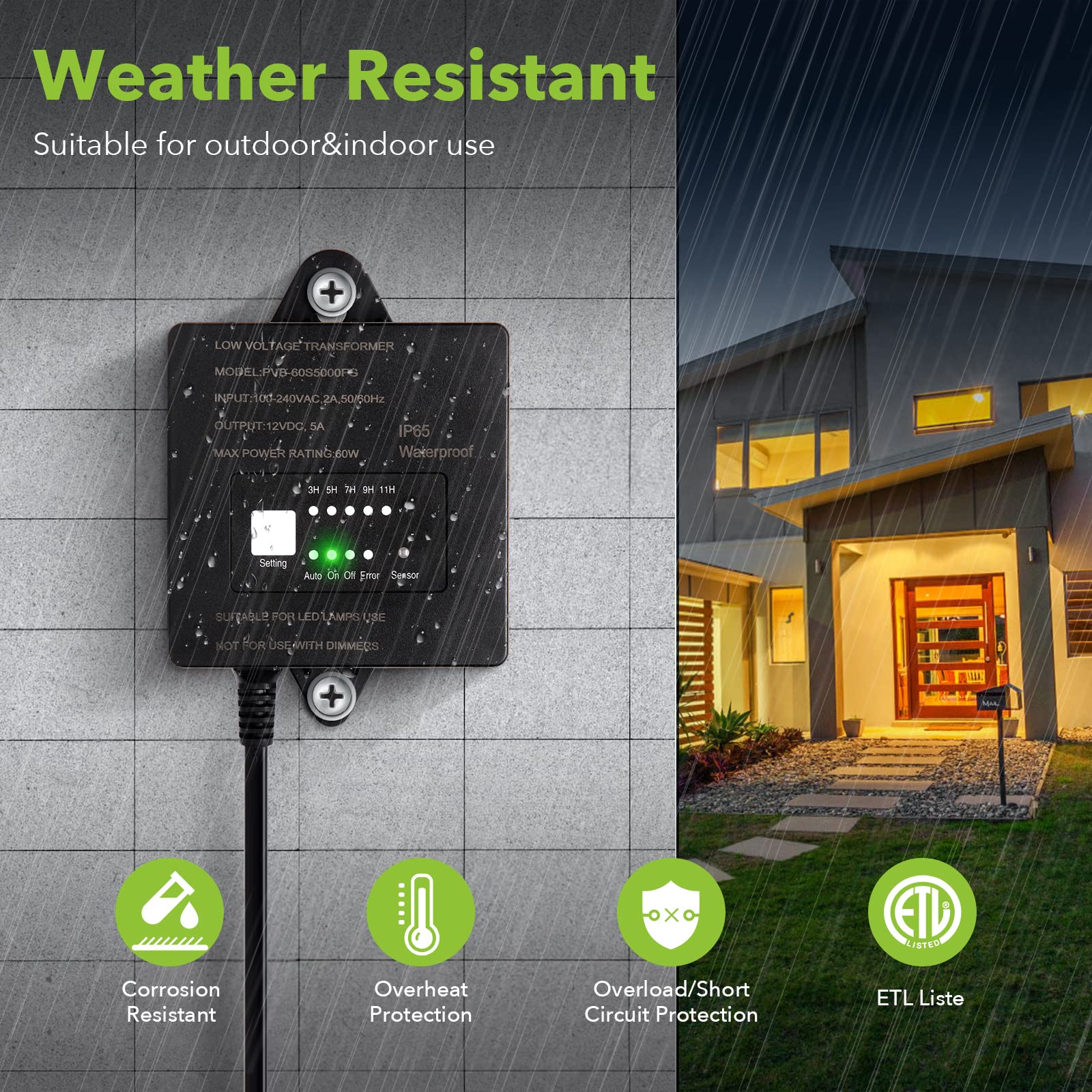 Paktonvo 60W Low Voltage Transformer with Timer & Photocell, 120V AC to 12V DC, Waterproof for LED Landscape Lights, Black