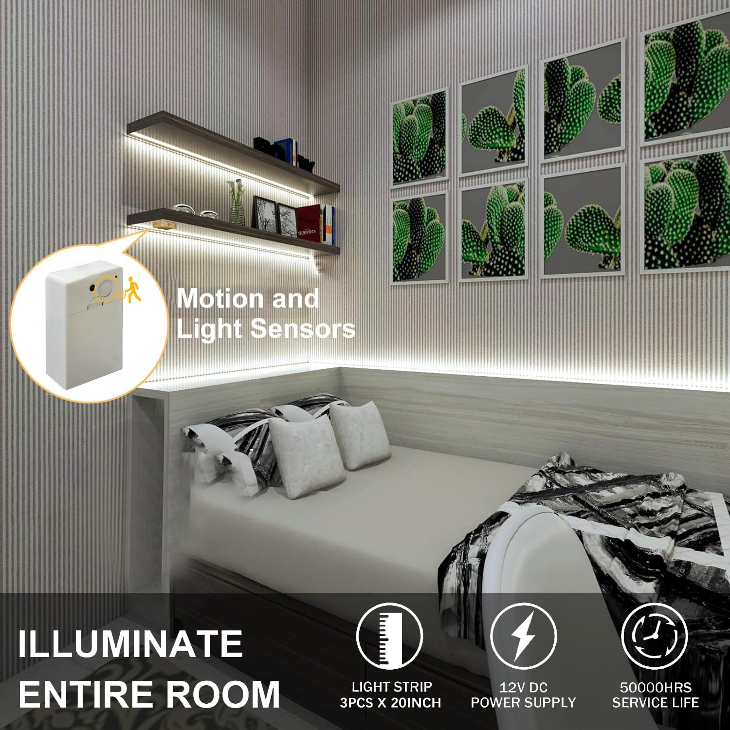 Battery Powered Led Strip Lights  Cob Motion Sensor Led Strip Lights 20 Inch X 3 Pack For Kitchen Under Cabinet Lighting  Shelves  Under Counter  Closet  Cordless Click Light  Cool White 6000K