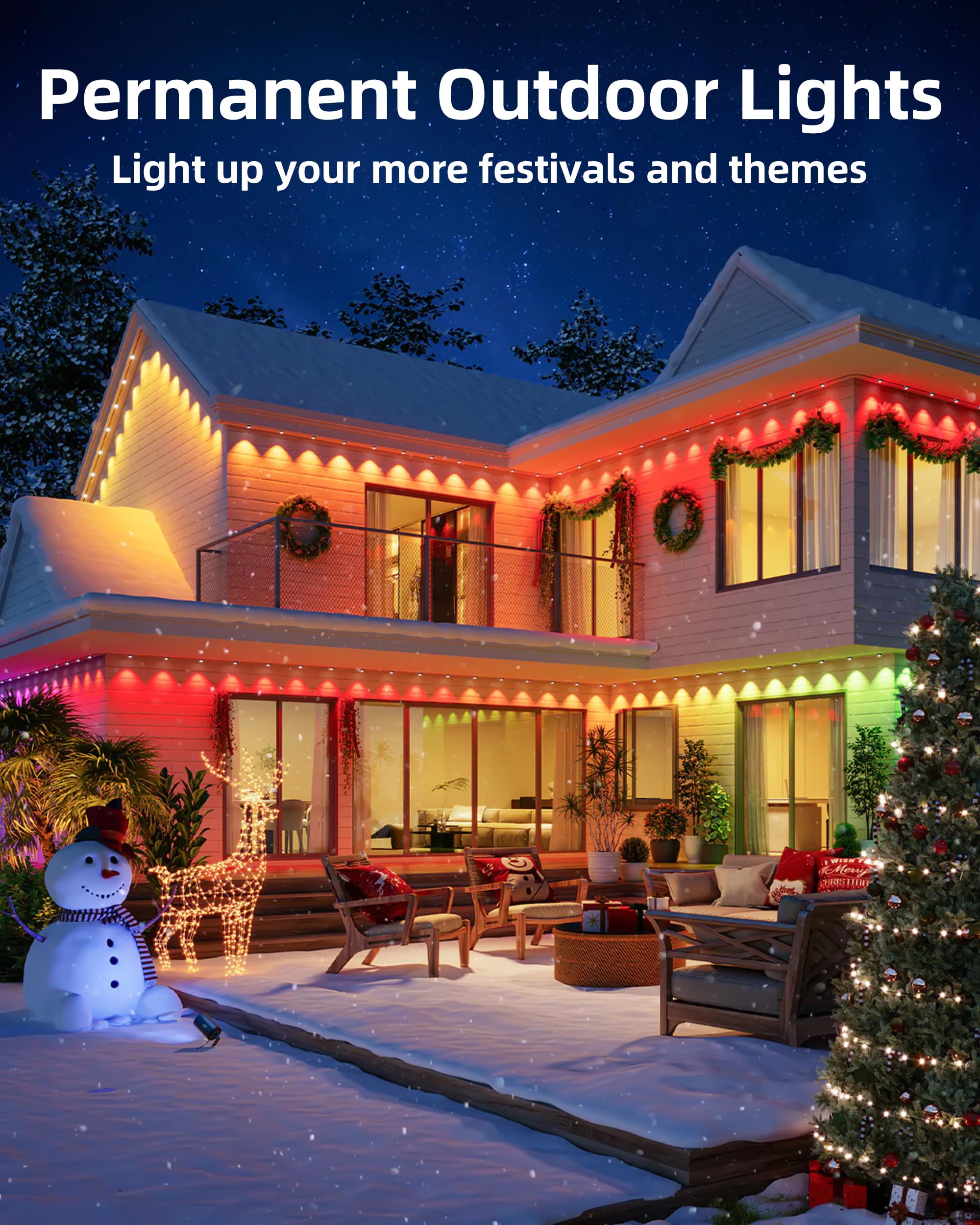 DELITOR Permanent Outdoor Lights 63.6ft, 36 RGBIC LED, Waterproof Christmas Decor for Roofline, Garden, Party, Holiday, Multicolor