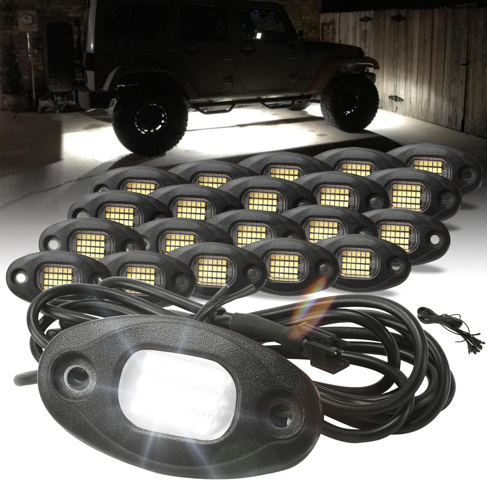 SUNPIE 20 Pods White Rock Lights - Aluminium Housing  Quick Connect  24 High Power Chips  5M Extension Wires  6000K Pure White  Mounting Pads Included  IP67  Fits Trucks  SUV  ATV  UTV  Trailer