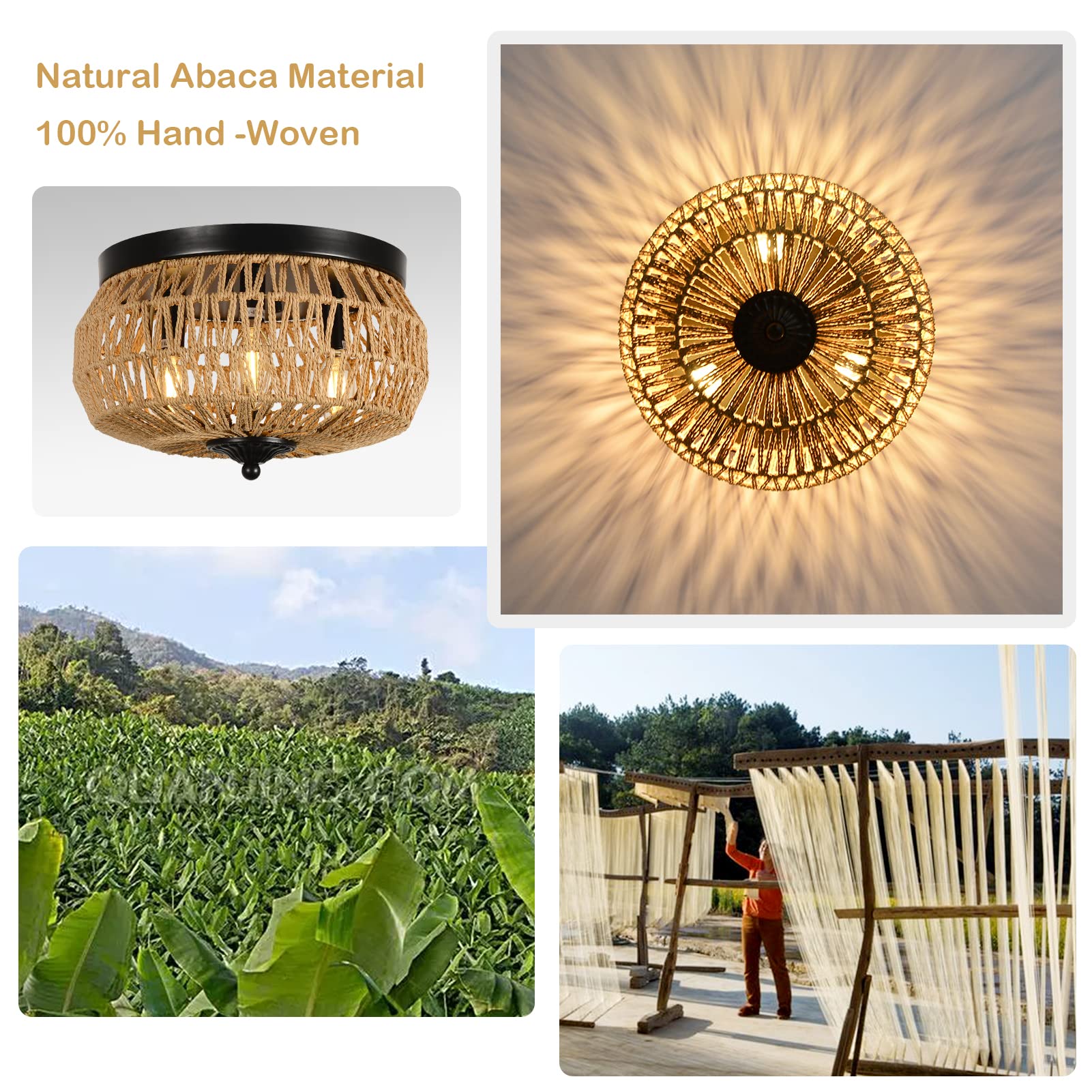 3-Lights Woven Rattan Flush Mount Ceiling Light Fixture With Hand-Worked Cage Shade For Bedroom, Kitchen, Foyer, Porch