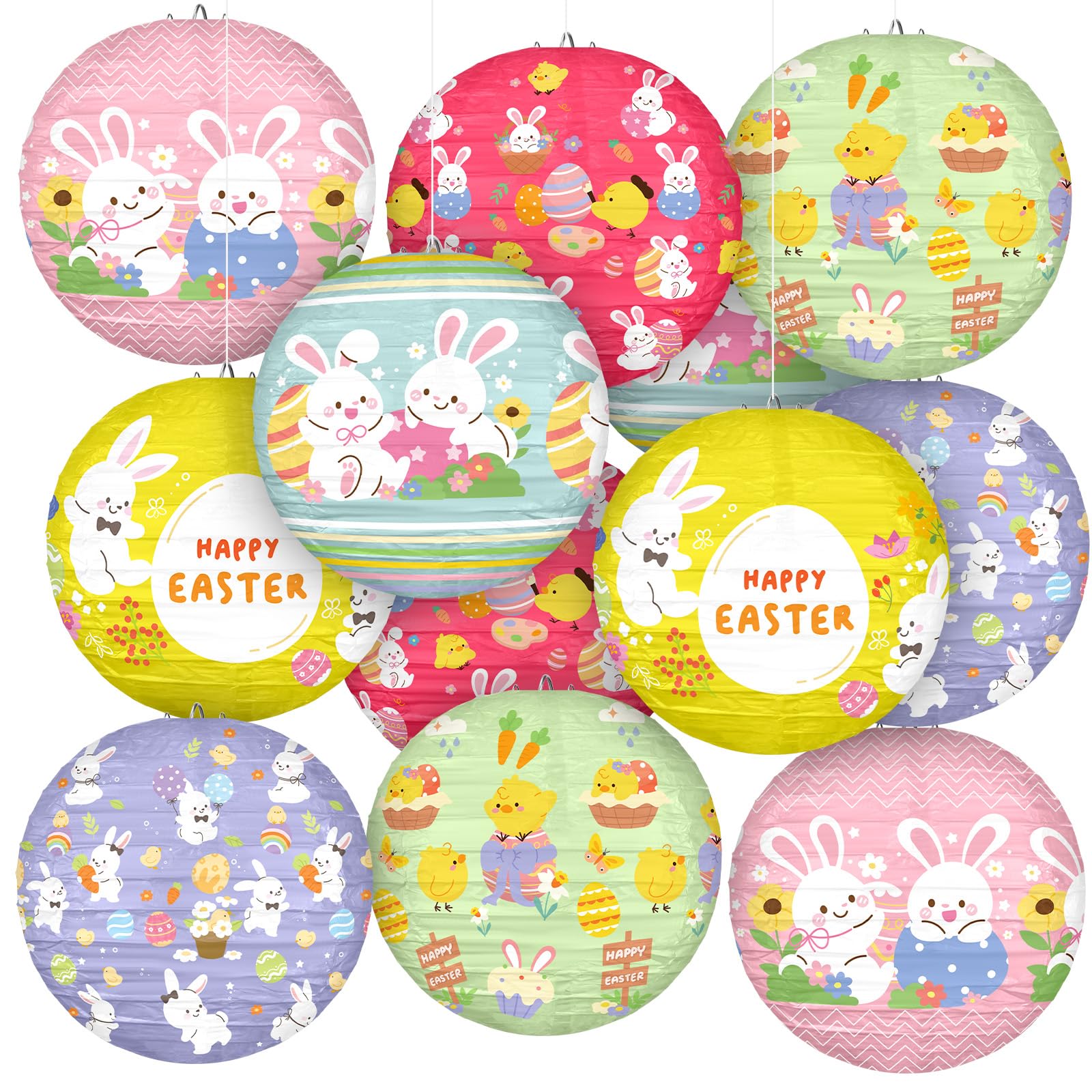 Panelee 12 Pcs Easter Paper Hanging Lanterns Party Decorations 8 Inch Pastel Cute Bunny Round Lanterns For Easter Party Office C