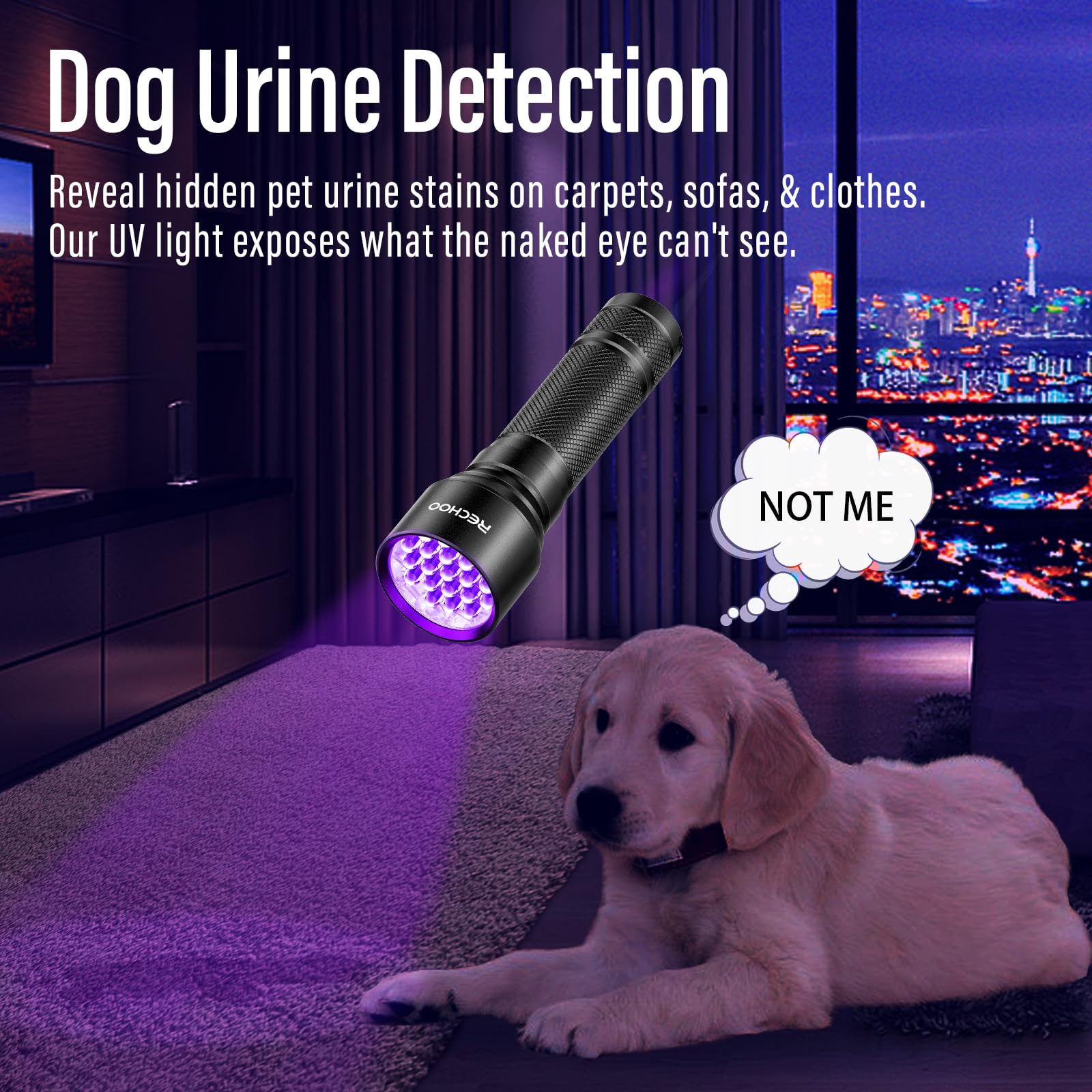 RECHOO UV Flashlight Black Light, 21 LED 395nm Rechargeable Waterproof Flashlight for Pet Urine Detection and Stain Removal, 1 Pack