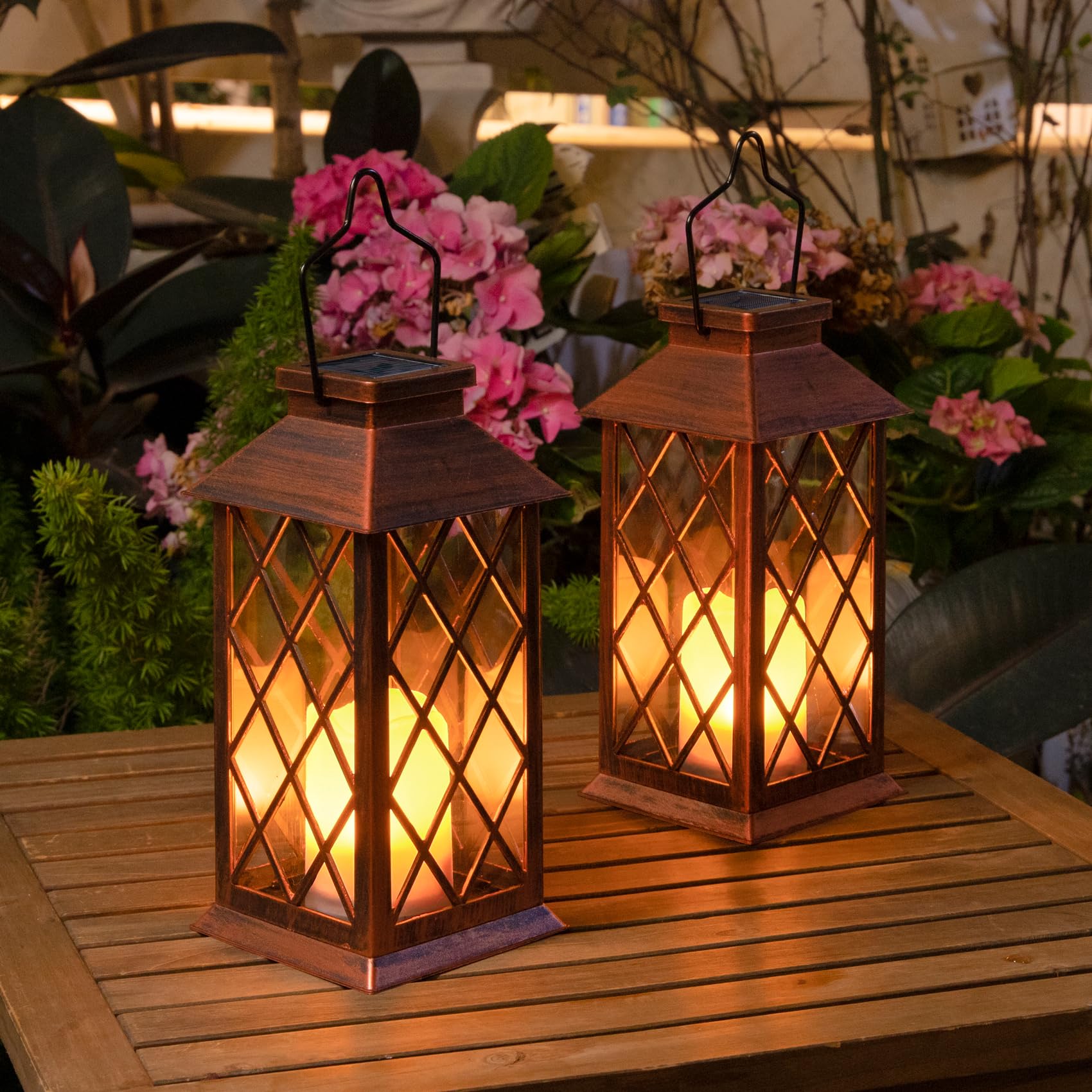 HOMEIMPRO 2Pack Solar Lanterns Waterproof Flameless Candle Lights 11in Medium Antique Copper
