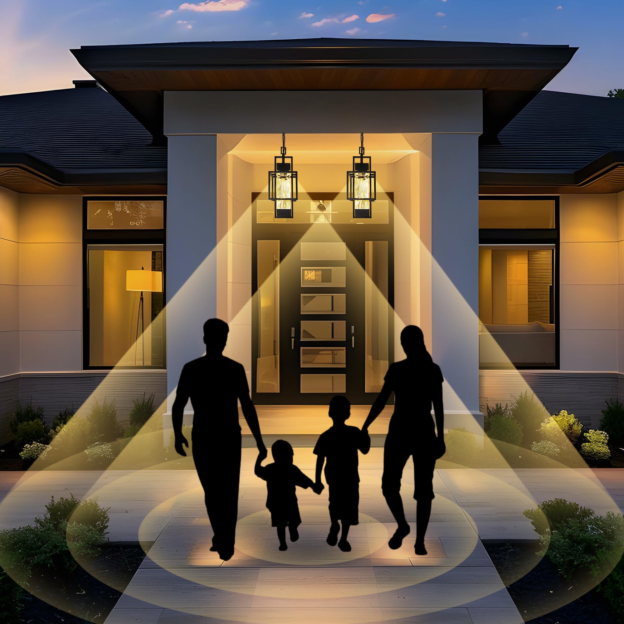 Partphoner Motion Sensor 15'' Outdoor Pendant Light Exterior Hanging Lantern, Modern Black Metal Outside Chandelier Light Fixtur