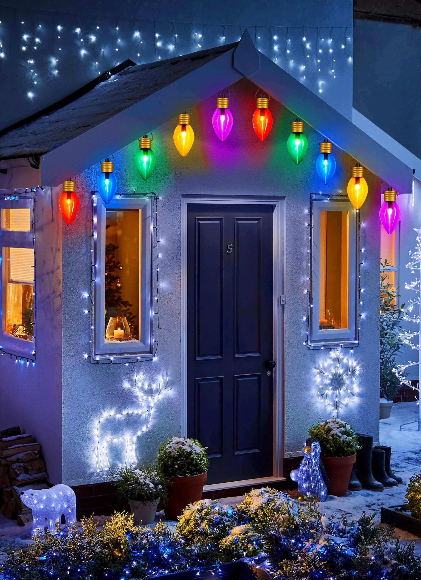 4 Pack Christmas Lights Jumbo C9 Outdoor Lawn Decorations With Pathway Marker Stakes, 10.5Ft C7 Lights Covered Jumbo Glitter Mul