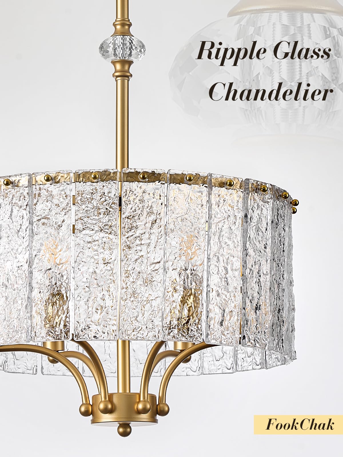 Fookchak Gold Round Chandelier 18In Glass Drum Chandelier Light Fixture 6-Light Hammered Crystal Ceiling Pendant Light For Kiche