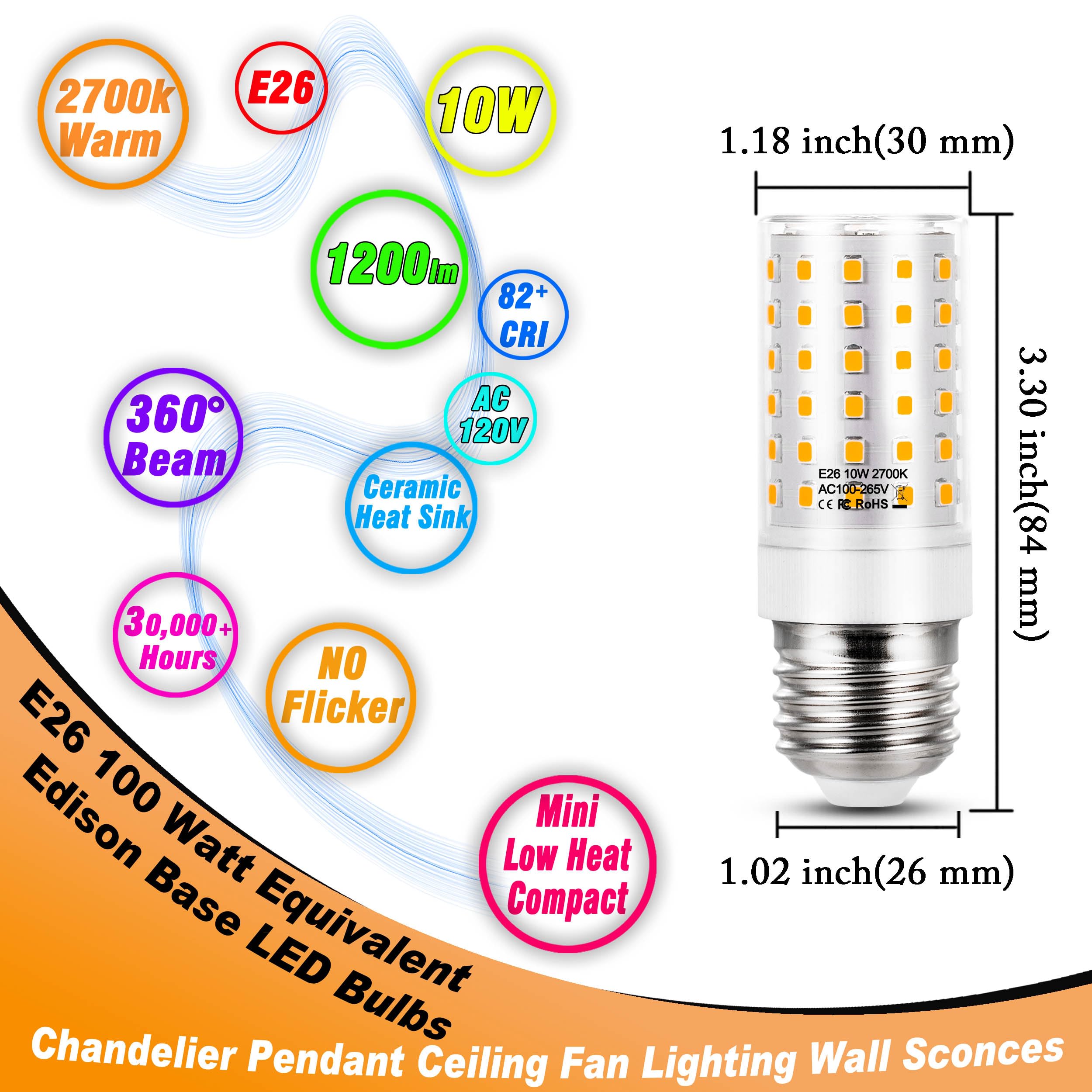 Heifymi 100W Equivalent E26 LED Corn Light Bulb, 10W, 2700K Warm White, Non-Dimmable, 1200lm, 2 Pack, Ceramic