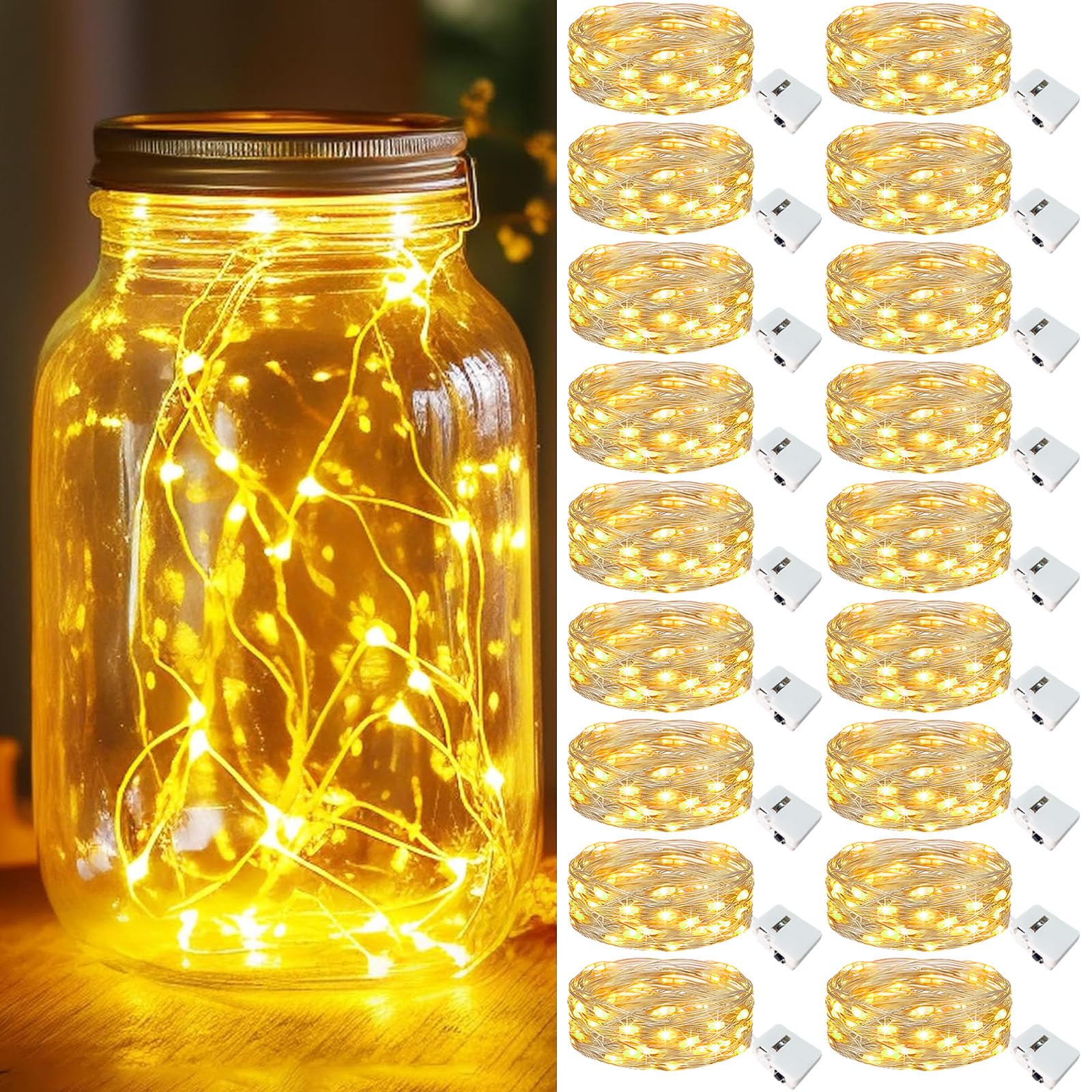 kolpop 18 Pack LED Fairy Lights Battery Operated, 7FT 20 LED Mini Twinkle String Lights Battery Powered Waterproof for Christmas Mason Jars Party (Warm White)
