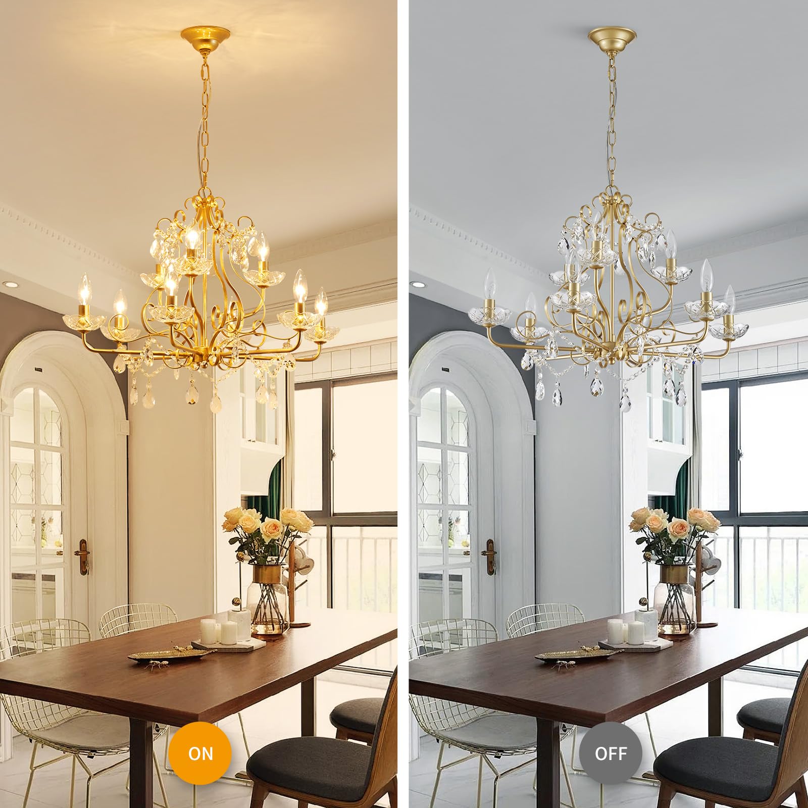 WUZUPS 9-Light Crystal Chandelier, Gold Metal Flushmount, H 18.1" x W 25.6", Modern Lighting for Bedroom, Hallway, Kitchen, Bathroom