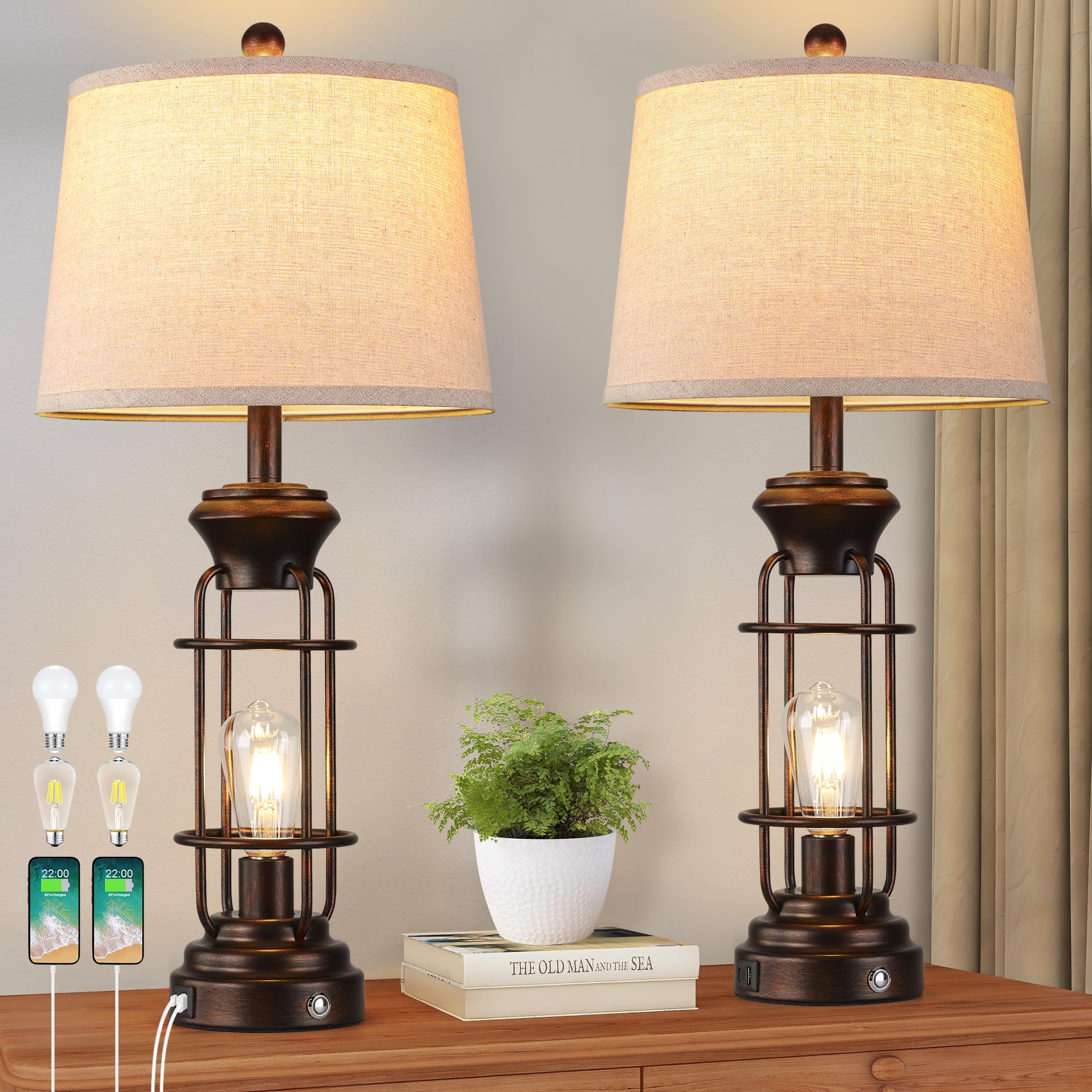 BZZMMB Table Lamps for Living Room Set of 2, 28.5 Farmhouse Lamps for Nightstand with USB C+A Ports, Touch Lamps for Bedroom, LE