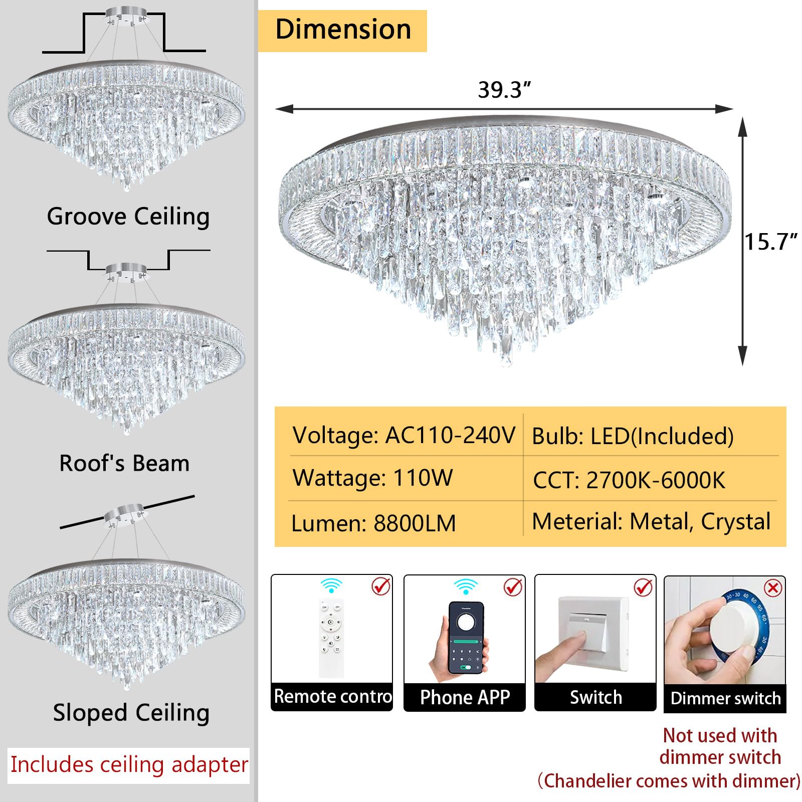 dolria Crystal LED Chandelier, Modern Flush Mount, 39.3'' Width, Silver, Model PC1019-100S, Dimmable for Living Room, Foyer, Bedroom, Dining