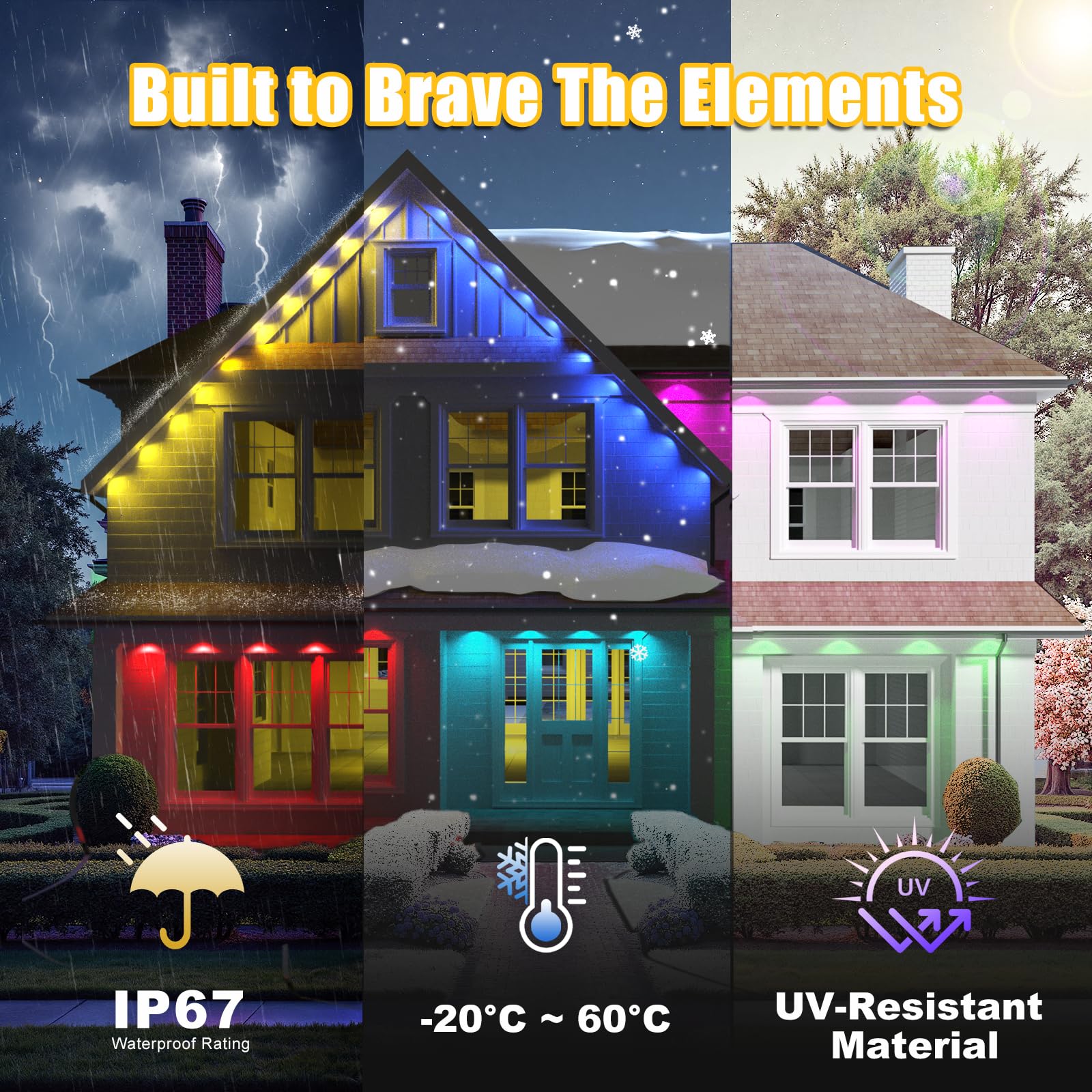 Yolsunes Permanent Outdoor Lights, 200ft RGB+IC, IP67 Waterproof Eaves Lights for Holiday Decor, Remote/App Control, White, Model HCP045