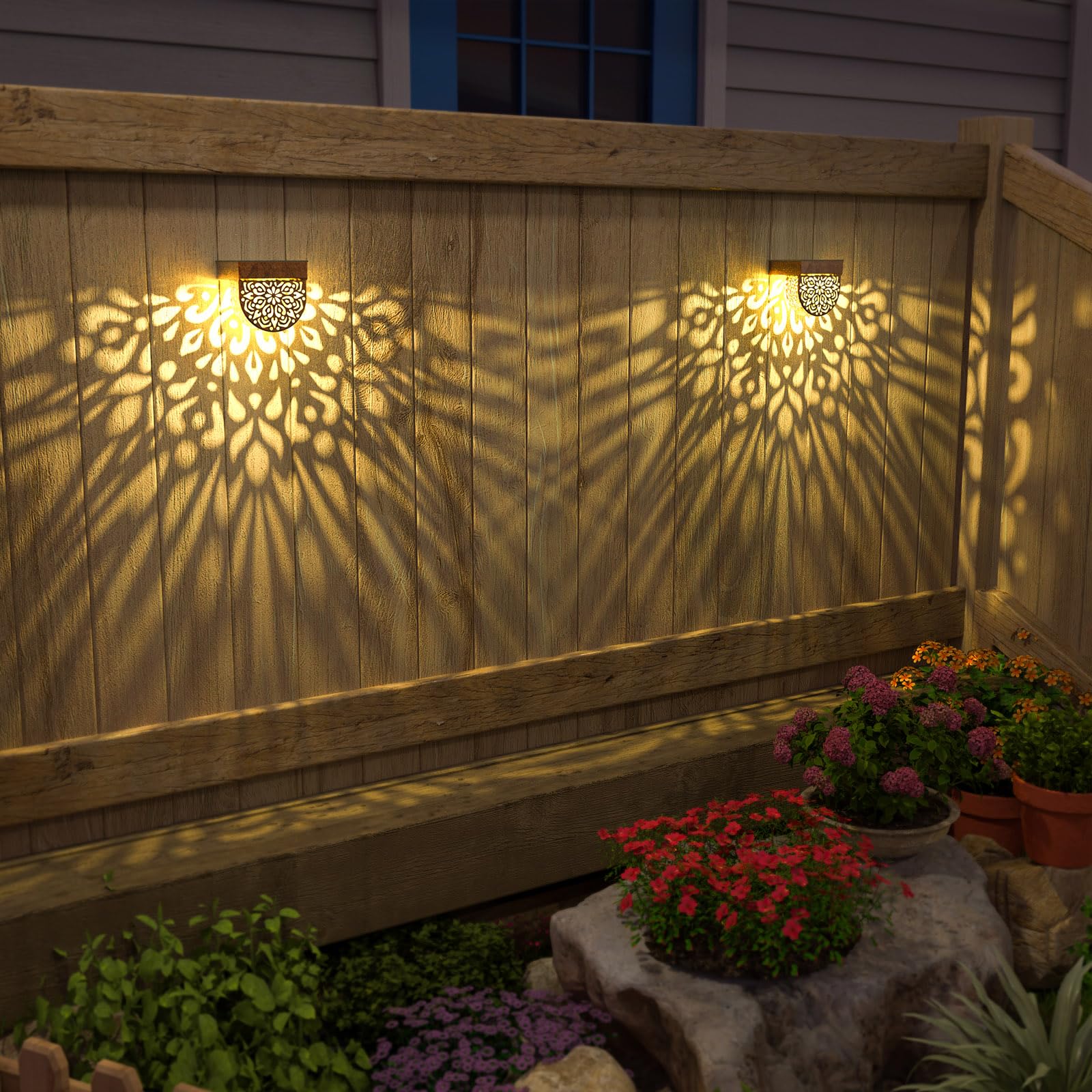 EKQ Solar Fence Lights - 6 Pack LED Waterproof Outdoor Wall Lights, Warm Yellow, Gold, Model SOLAR-123