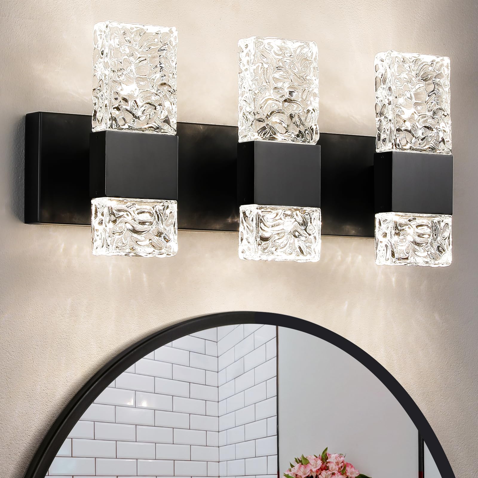 Epinl Black Bathroom Vanity Light Fixtures Bathroom Light Fixtures Over Mirror 3-Light 4000K Led Crystal Wall Sconces Modern 30W Brushed Hardwired Wall Lights For Bathroom Bedroom Living Room