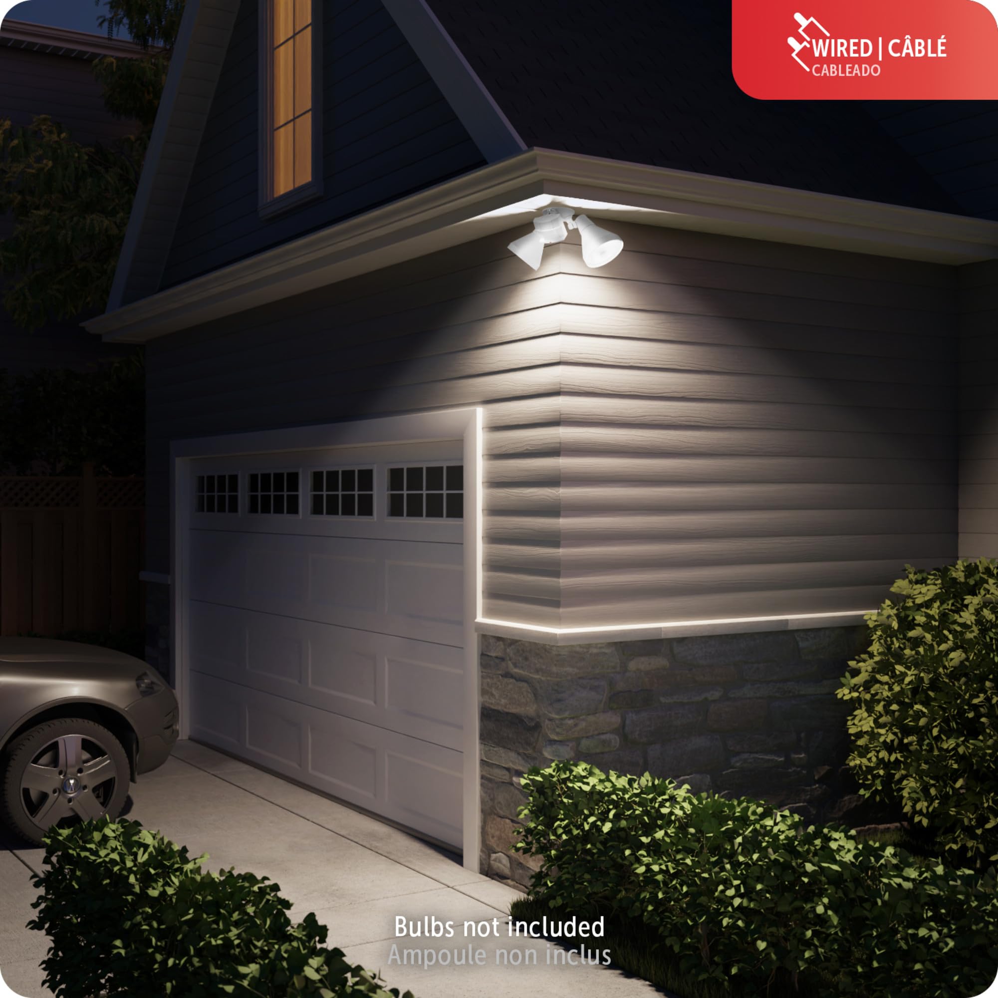 Globe Electric 180-Degree 240 W Twin Head White Hardwired Motion Sensor Security Flood Light, Motionbright, Spotlight, Outdoor,