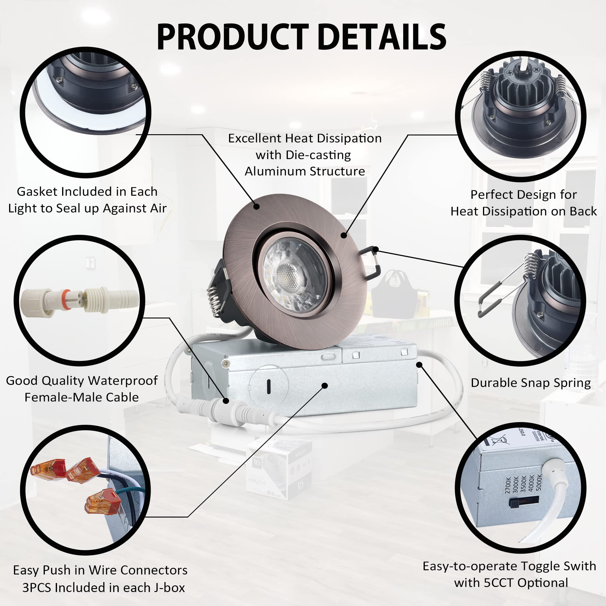 POPANU 3-Inch Canless Recessed Gimbal Downlight, Dimmable 8W, 5 CCT, Oil Rubbed Bronze