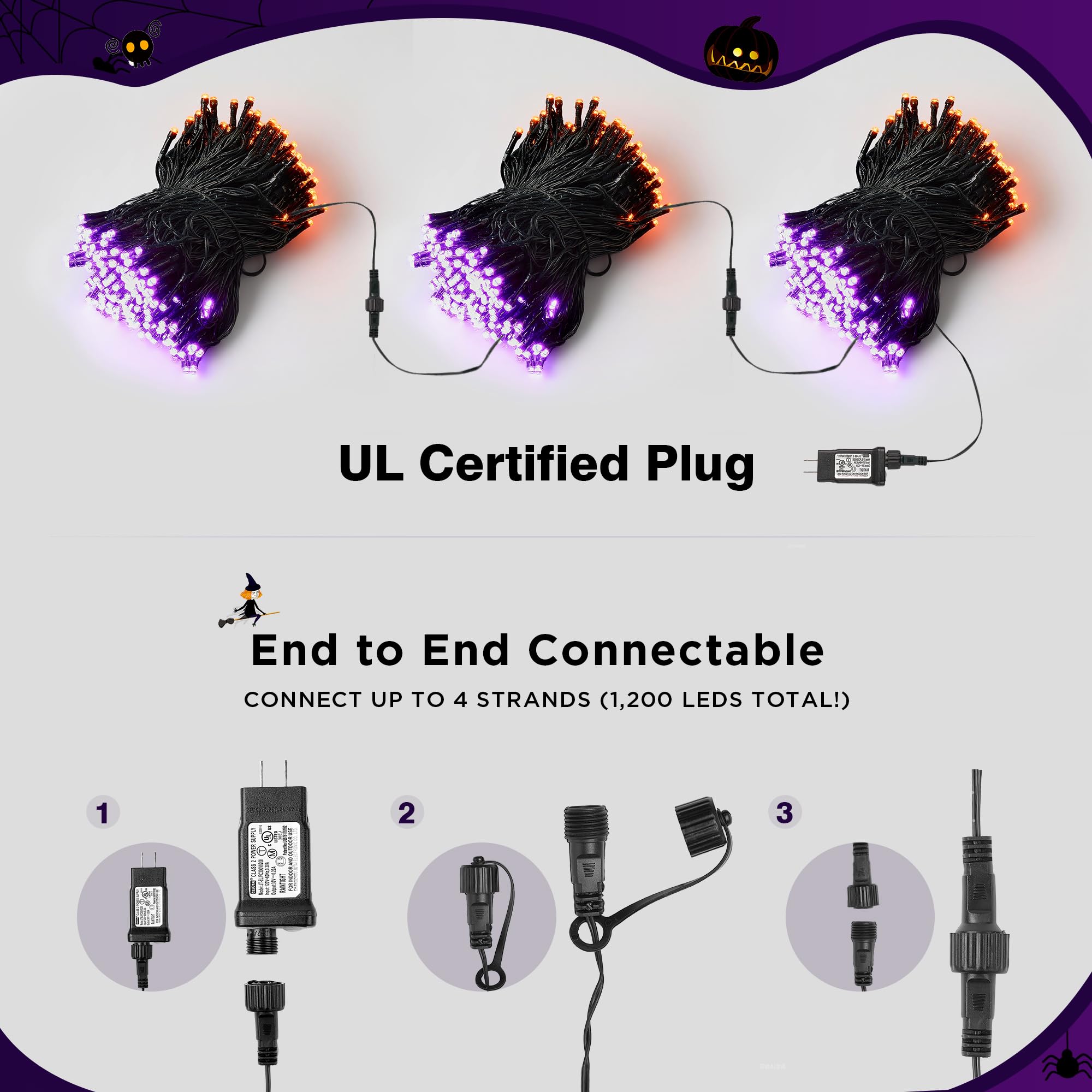 BlcTec Halloween String Lights 300 LED 108FT, Waterproof, 8 Modes, Connectable, Orange Purple, Model JT-EL/FC300V0200-C