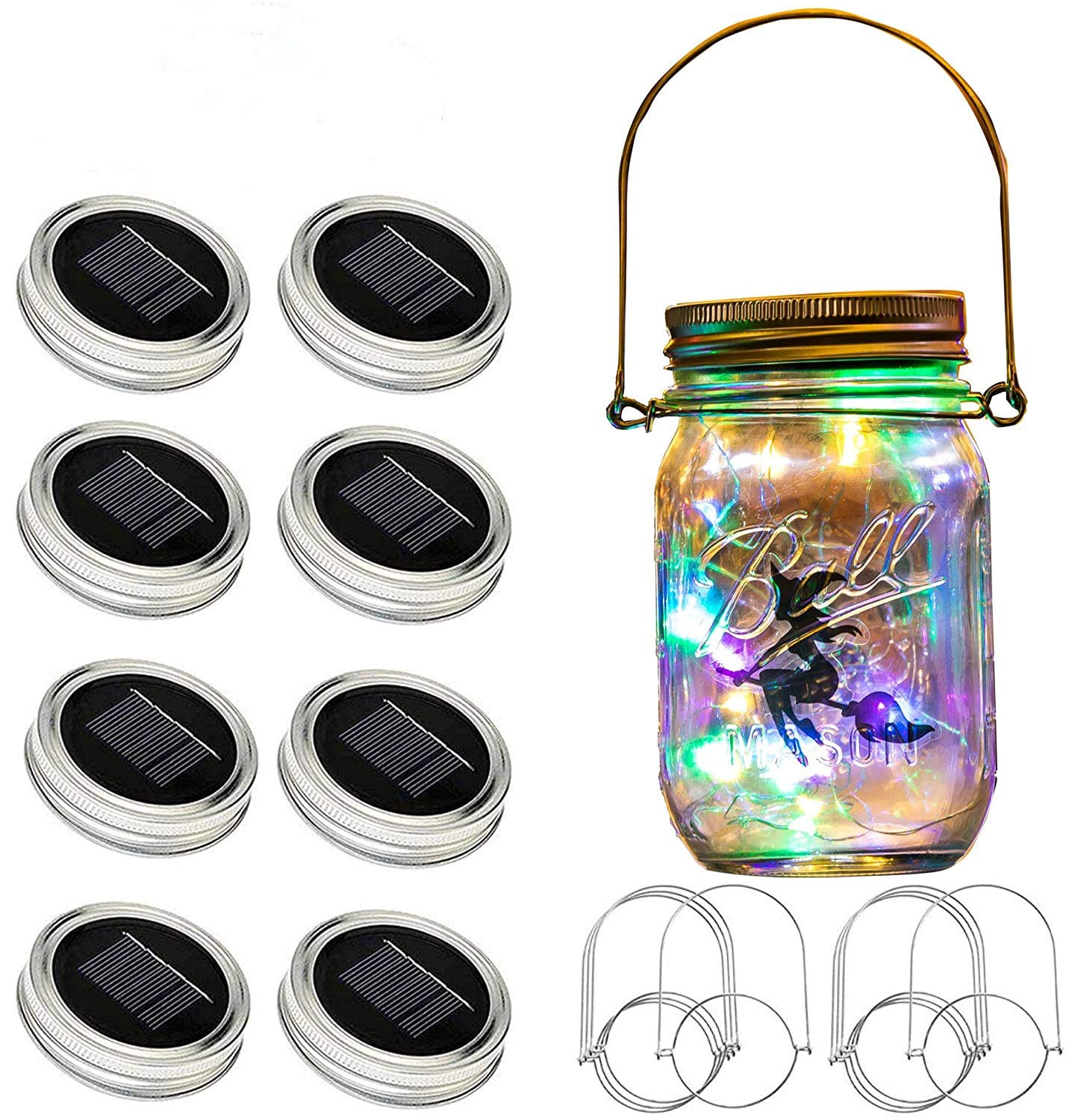 YJFWAL Updated Solar Mason jar Lights, 8 Pack 30 Led Waterproof Fairy Firefly jar Lights with 8 Hangers(NO Jars) for Regular Mou