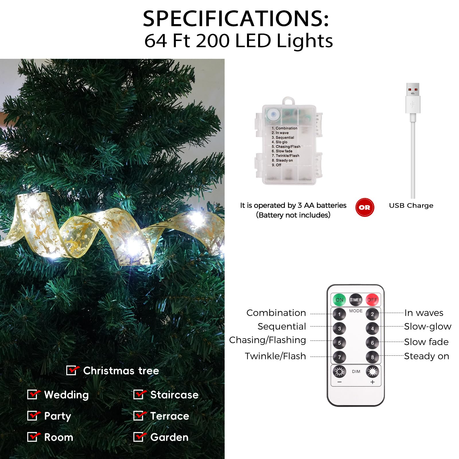 Kproe Christmas Tree Decorations, 64Ft 200 Led Christmas Tree Copper Wire Ribbon Bows Lights With 8 Lighting Modes, Battery Oper