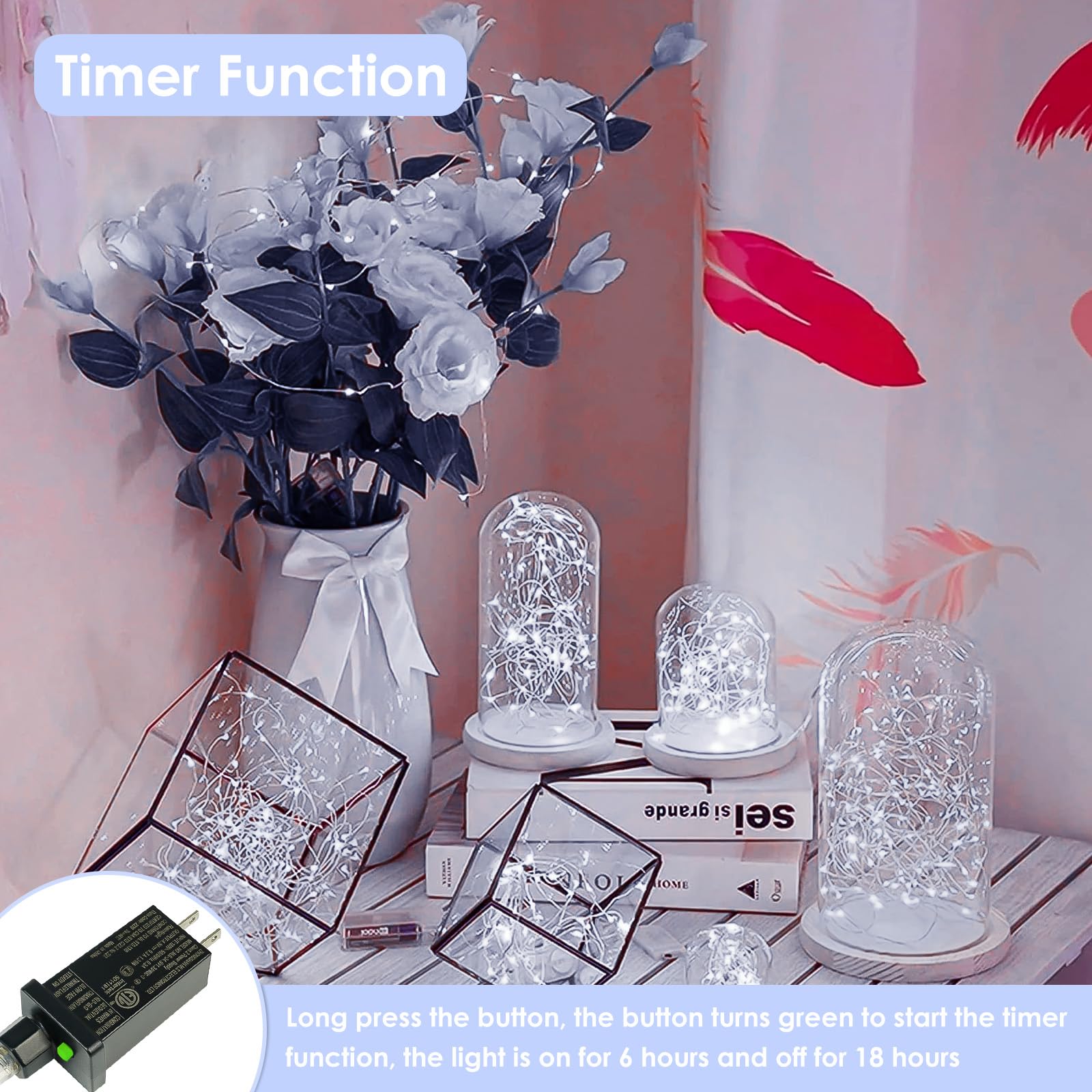BHCLIGHT 66Ft 200 LED Fairy Lights, Waterproof Copper Wire String Lights, 8 Modes, Cool White, Model MLS-D4.5V1.35WUC-O
