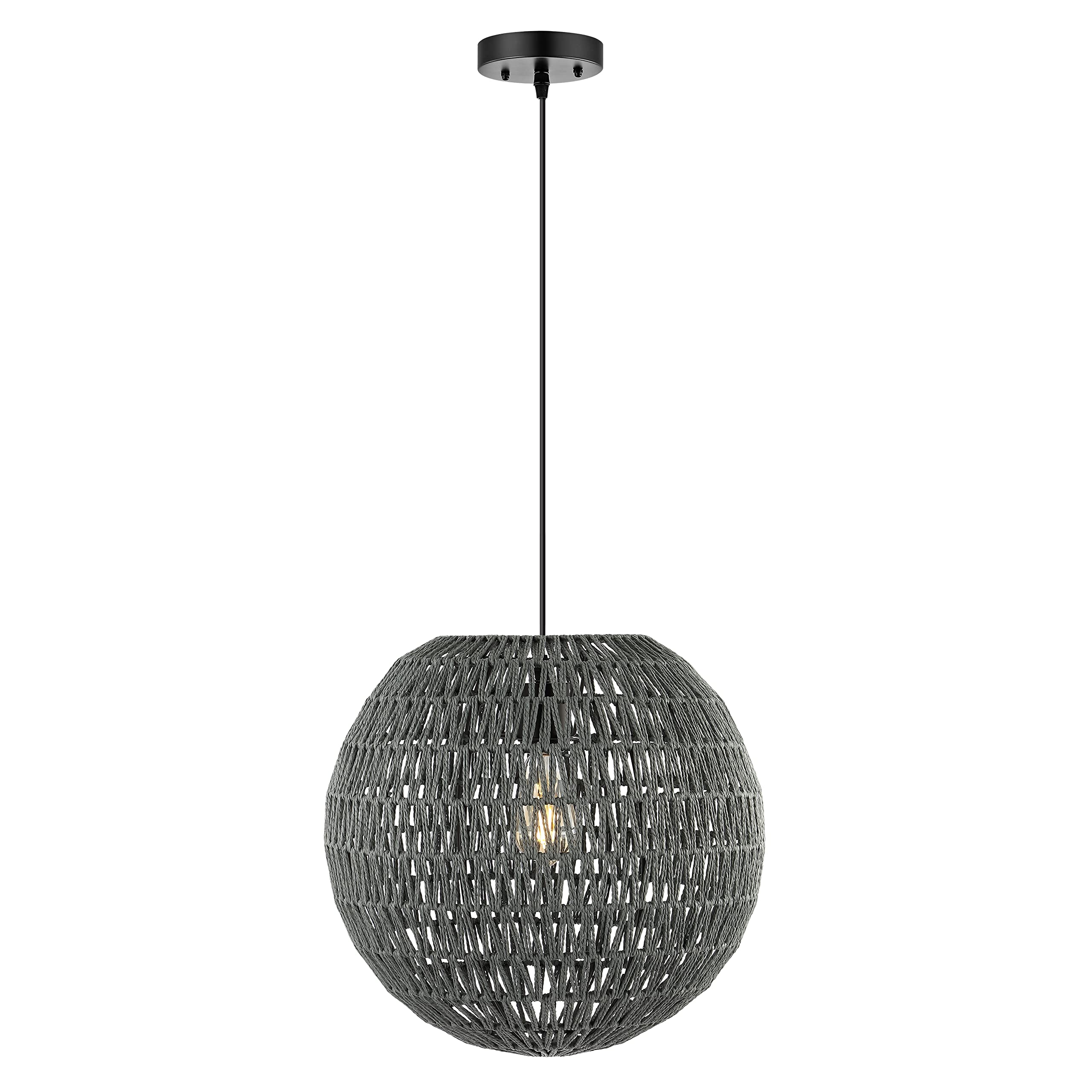 JONATHAN Y Luna 1-Light Pendant, 15.75in Woven Rattan/Iron, Gray/Black, Model JYL6503D, Adjustable for Dining Room, Living Room