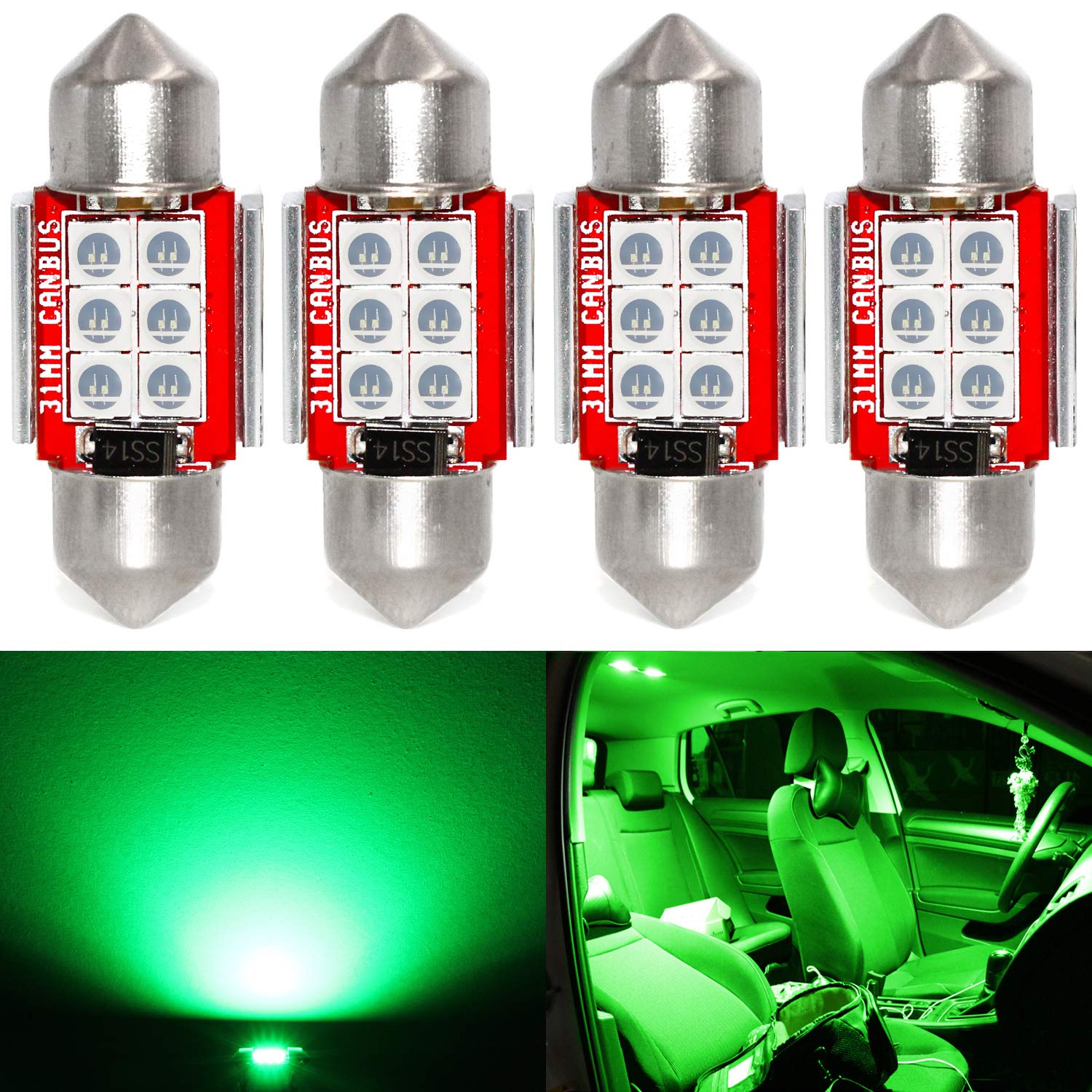 Phinlion 31Mm De3175 Green Led Light Bulbs, Super Bright 3030 6-Smd De3021 De3022 Miniature Festoon Led Bulb Replacement For Car