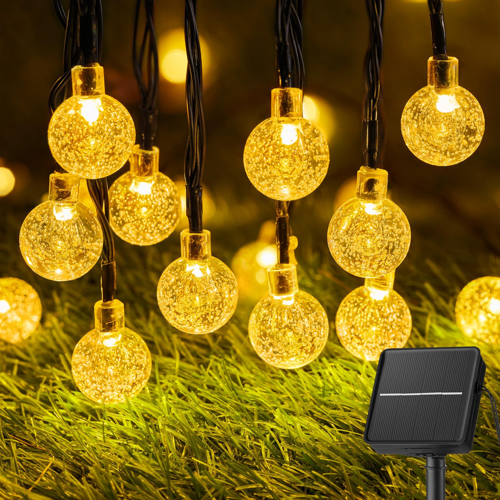 Brightown Solar String Lights Outdoor 60 Led 36Ft Waterproof Crystal Globe Warm White - 8 Lighting Modes For Garden, Yard, Party Decor
