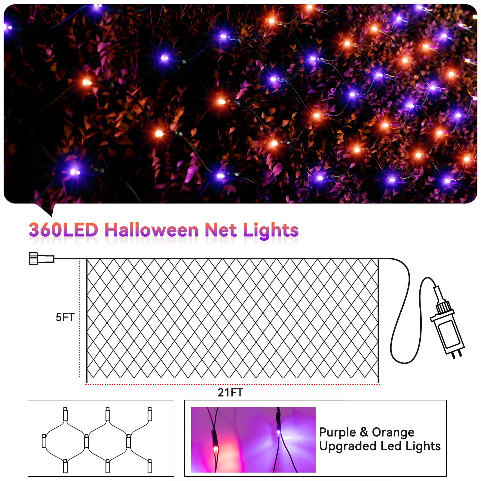 Lithome 21Ft X 5Ft Halloween Net Lights  360 Led Purple Orange Bush Lights With 8 Modes  Connectable Waterproof Net Mesh Light Dark Green Wire For Bushes Shrubs Trees Outdoor Holiday Decor