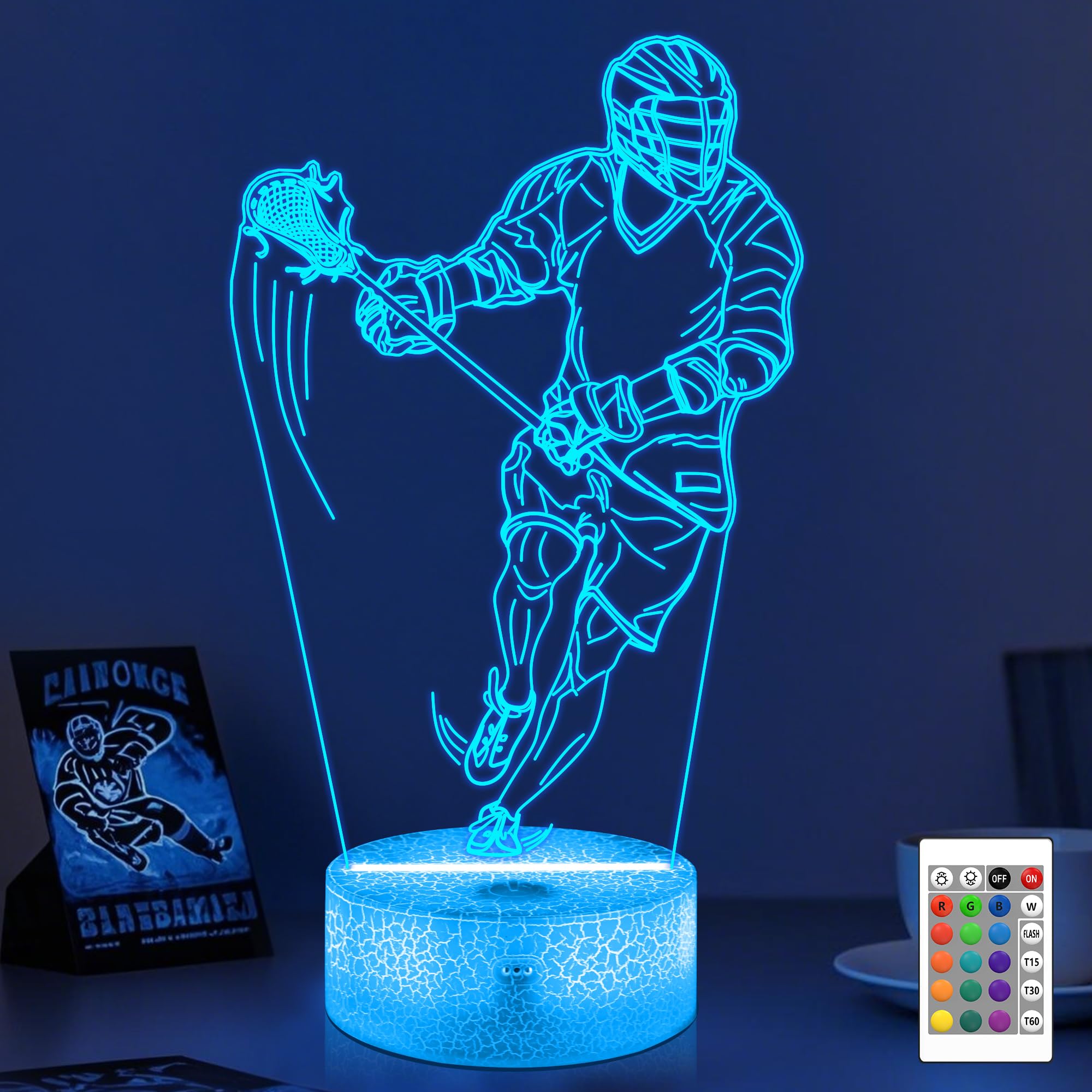 OkiyiD Lacrosse Gifts for Boys Men,Lacrosse Night Light 3D Illusion Lamp with 16 Colors Remote Control,Lacrosse Accessories Stuf